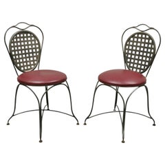 Italian Regency Style Wrought Iron Sunroom Lattice Round Seat Chairs, a Pair