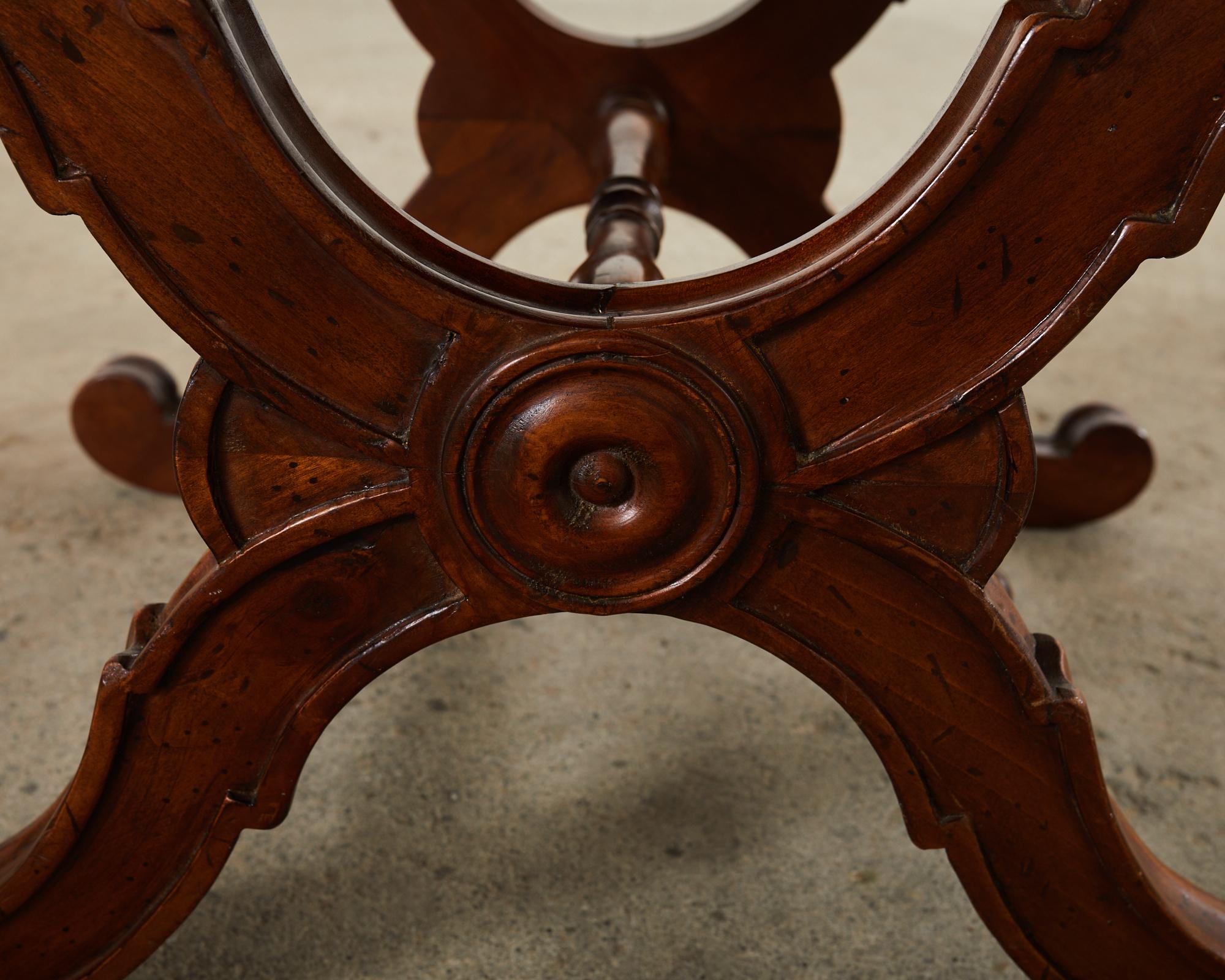 Italian Regency Style X Form Walnut Bench Stool with Bouclé For Sale 8