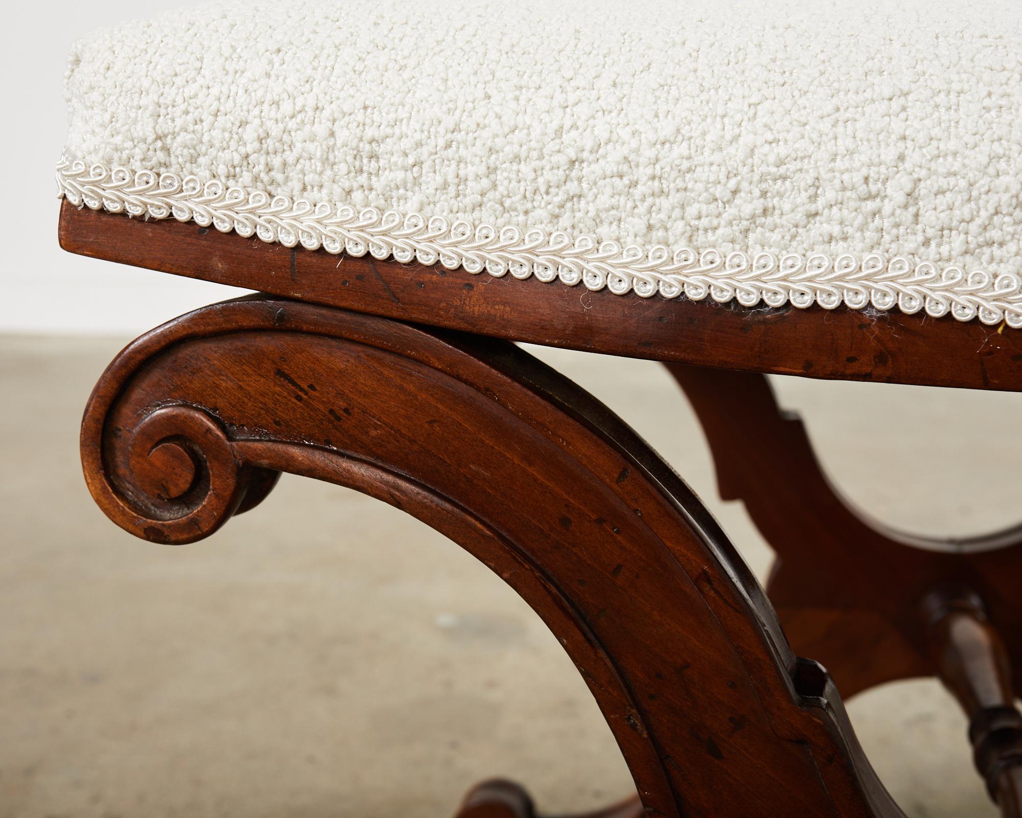 Italian Regency Style X Form Walnut Bench Stool with Bouclé For Sale 10