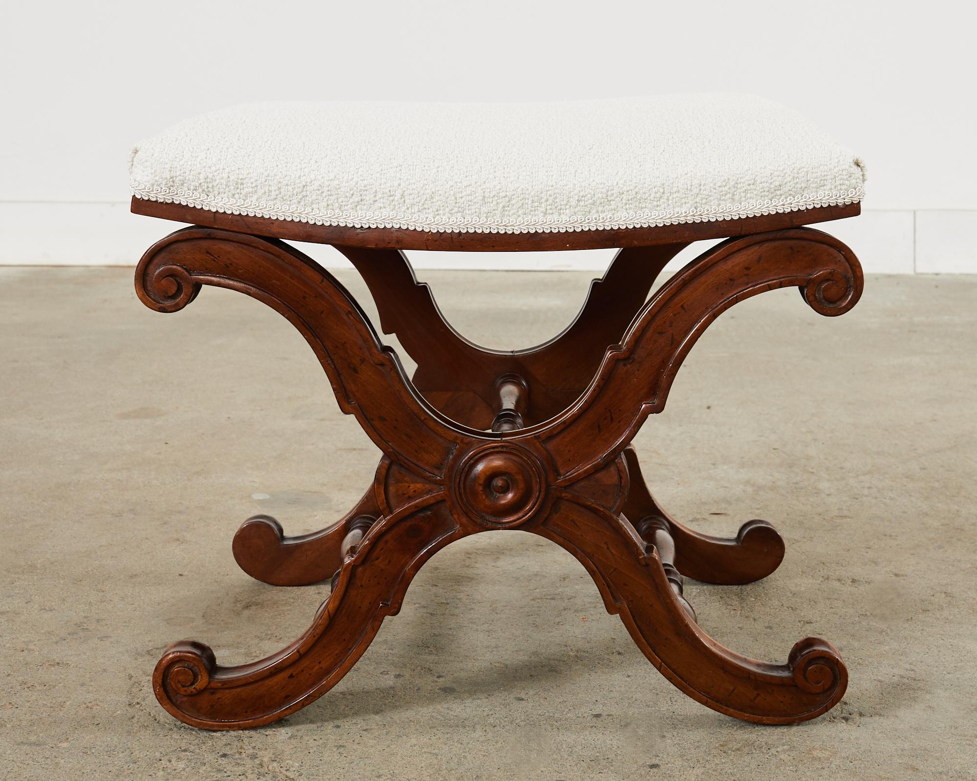 Italian Regency Style X Form Walnut Bench Stool with Bouclé For Sale 12