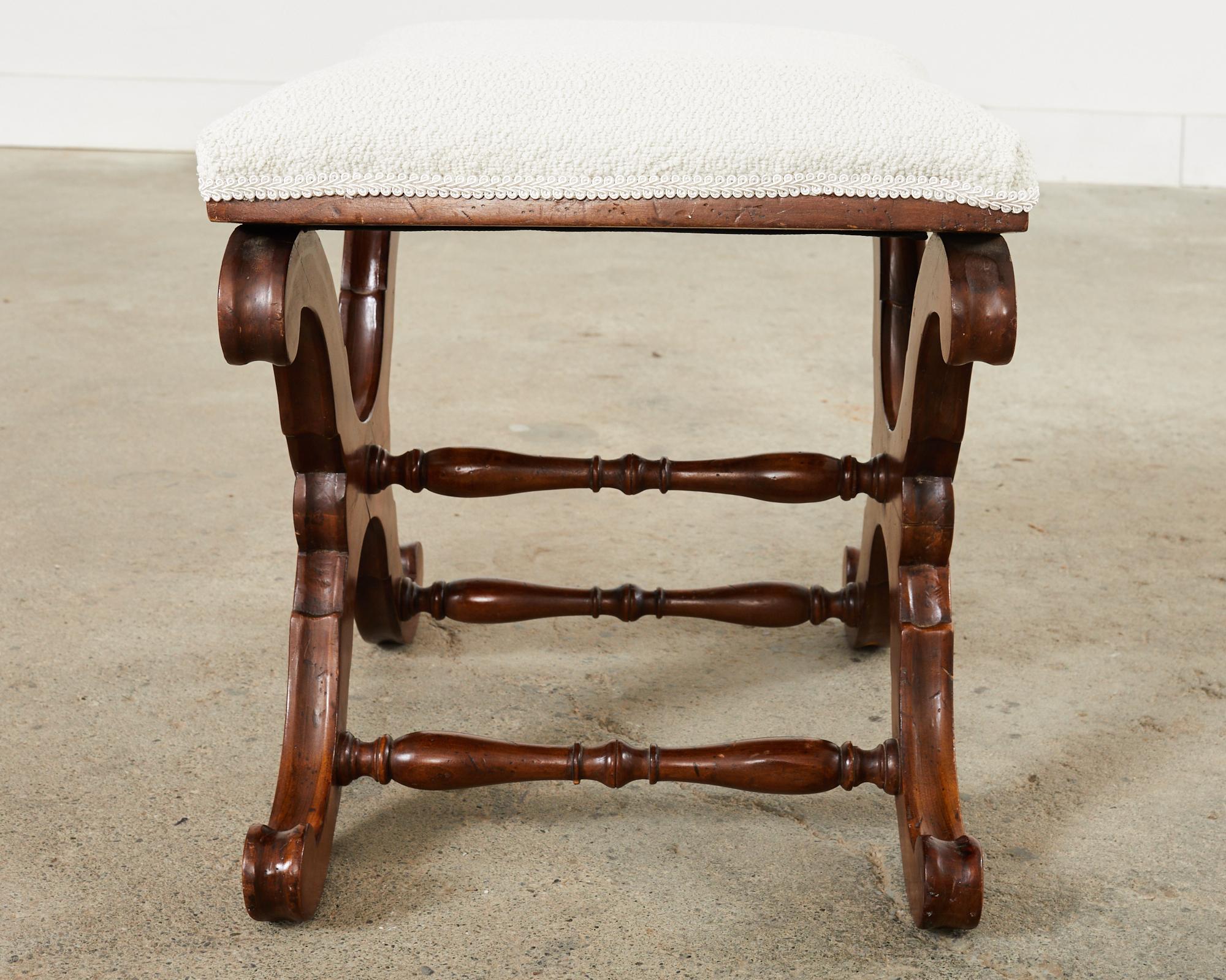 Italian Regency Style X Form Walnut Bench Stool with Bouclé For Sale 2