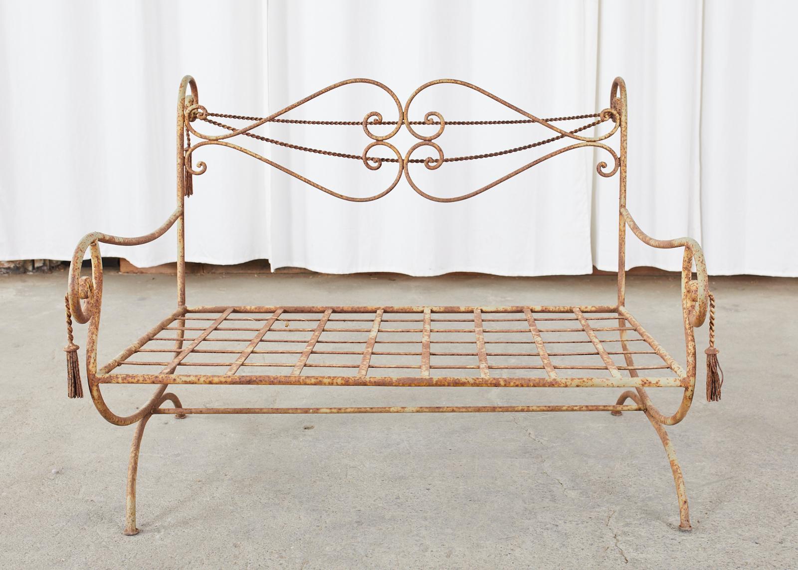 Italian Regency Wrought Iron Garden Bench Settee In Distressed Condition In Rio Vista, CA