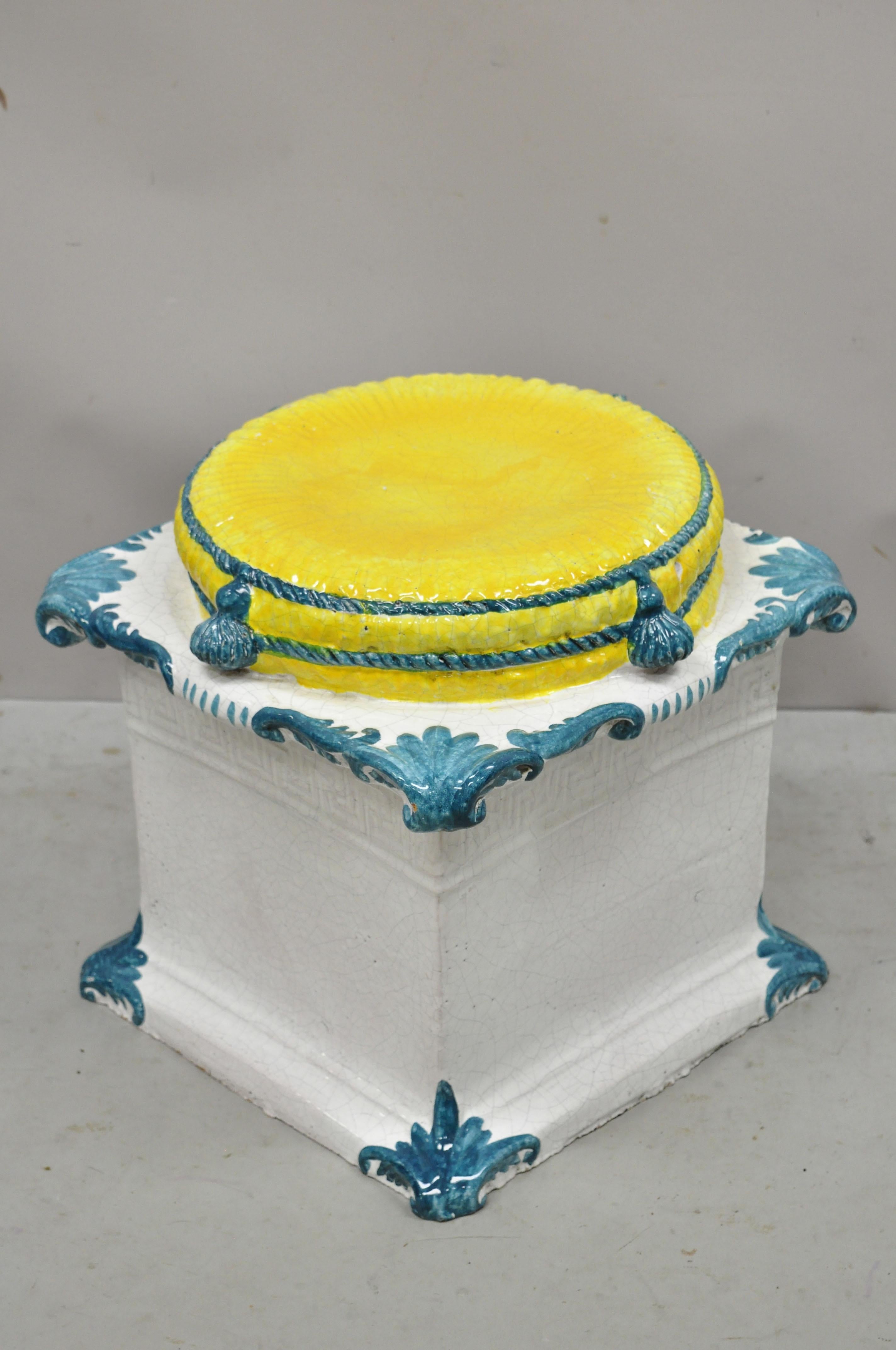 Vintage Italian Regency yellow blue Glazed Terracotta Greek Key Garden seat side table. Item features wonderful original paint, yellow pillow, blue tassels, Greek key design to exterior, hand crafted of terracotta, very nice antique item, quality