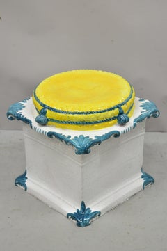 Italian Regency Yellow Blue Glazed Terracotta Greek Key Garden Seat Side Table