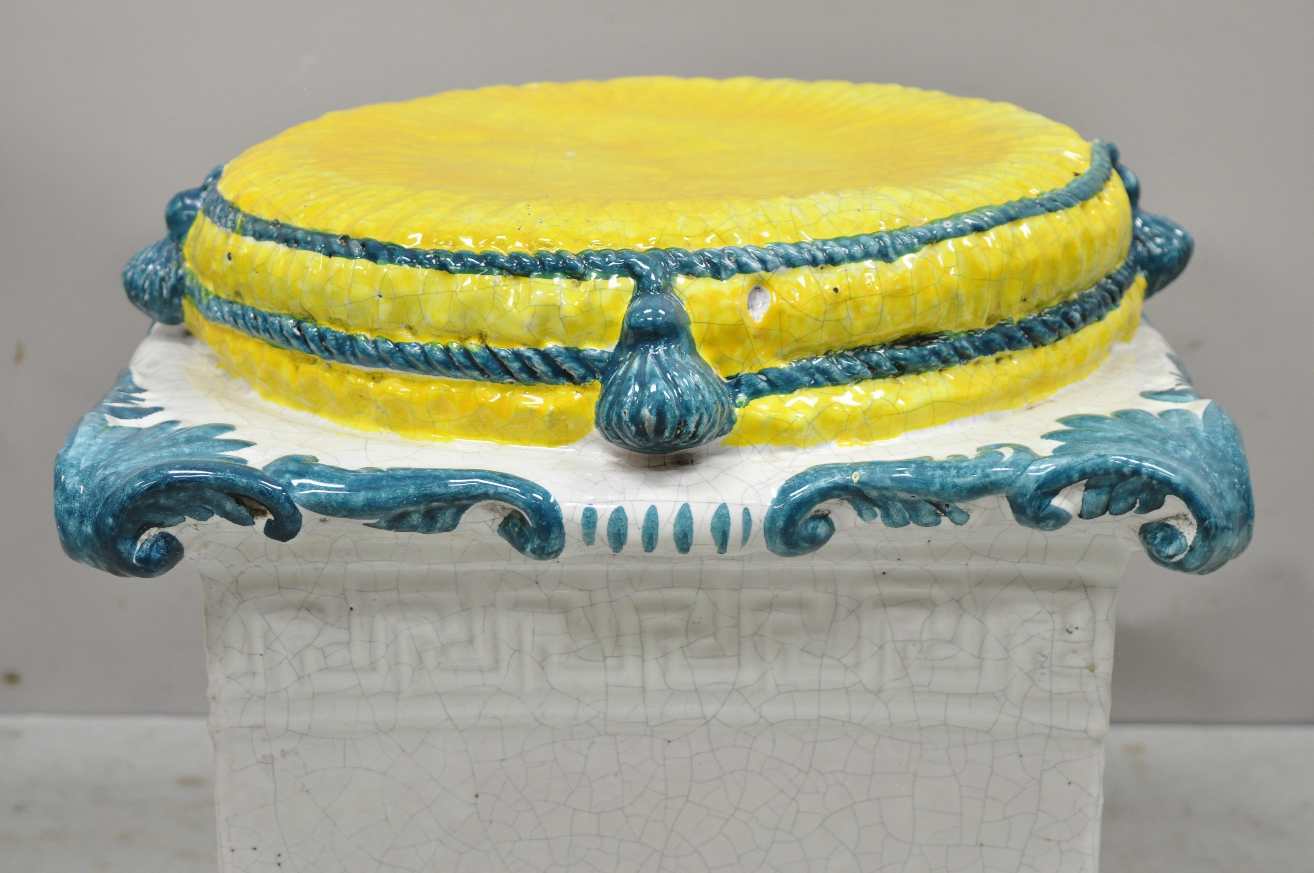 Hollywood Regency Italian Regency Yellow Blue Glazed Terracotta Greek Key Garden Seat Side Table