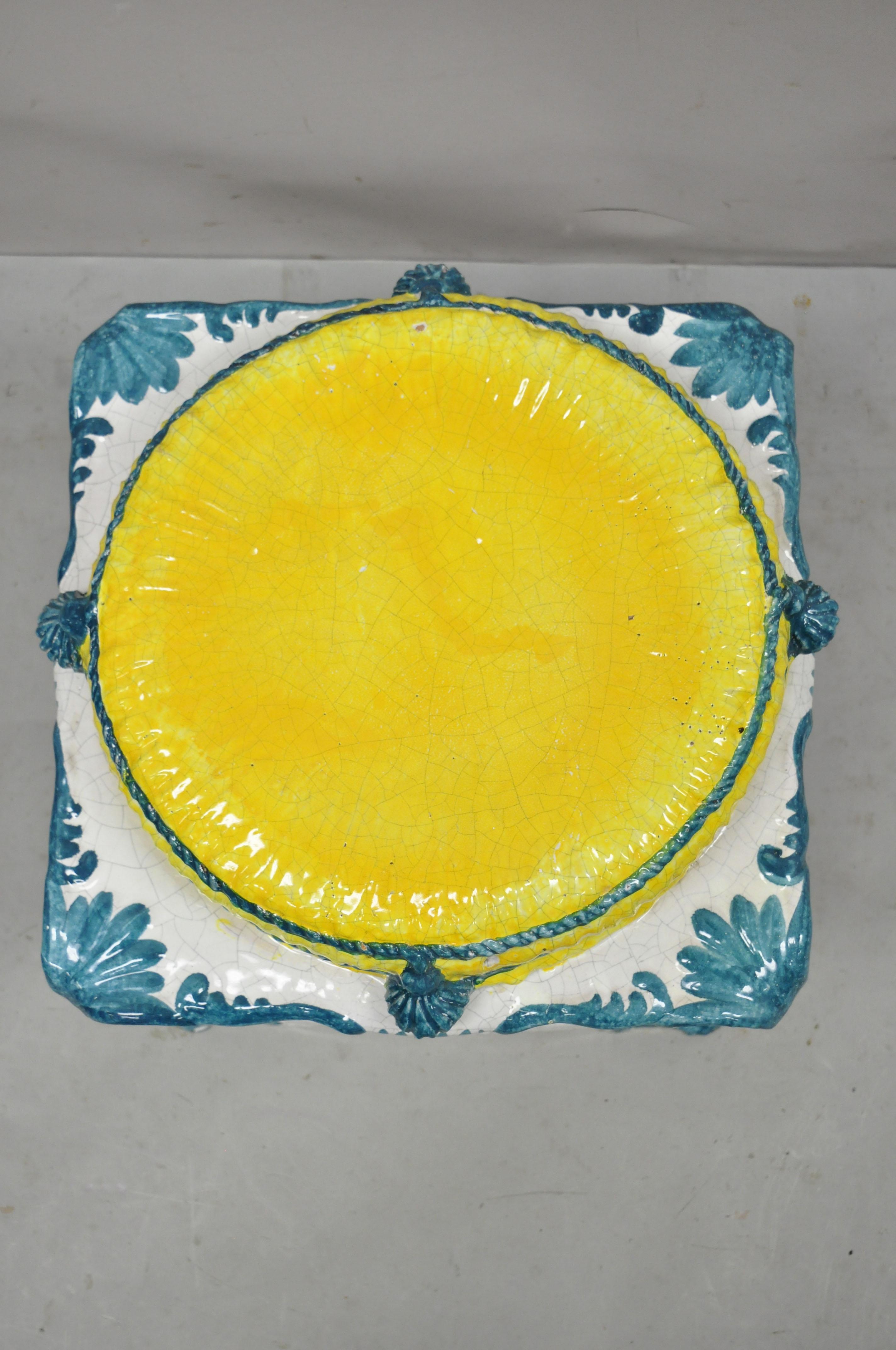 20th Century Italian Regency Yellow Blue Glazed Terracotta Greek Key Garden Seat Side Table