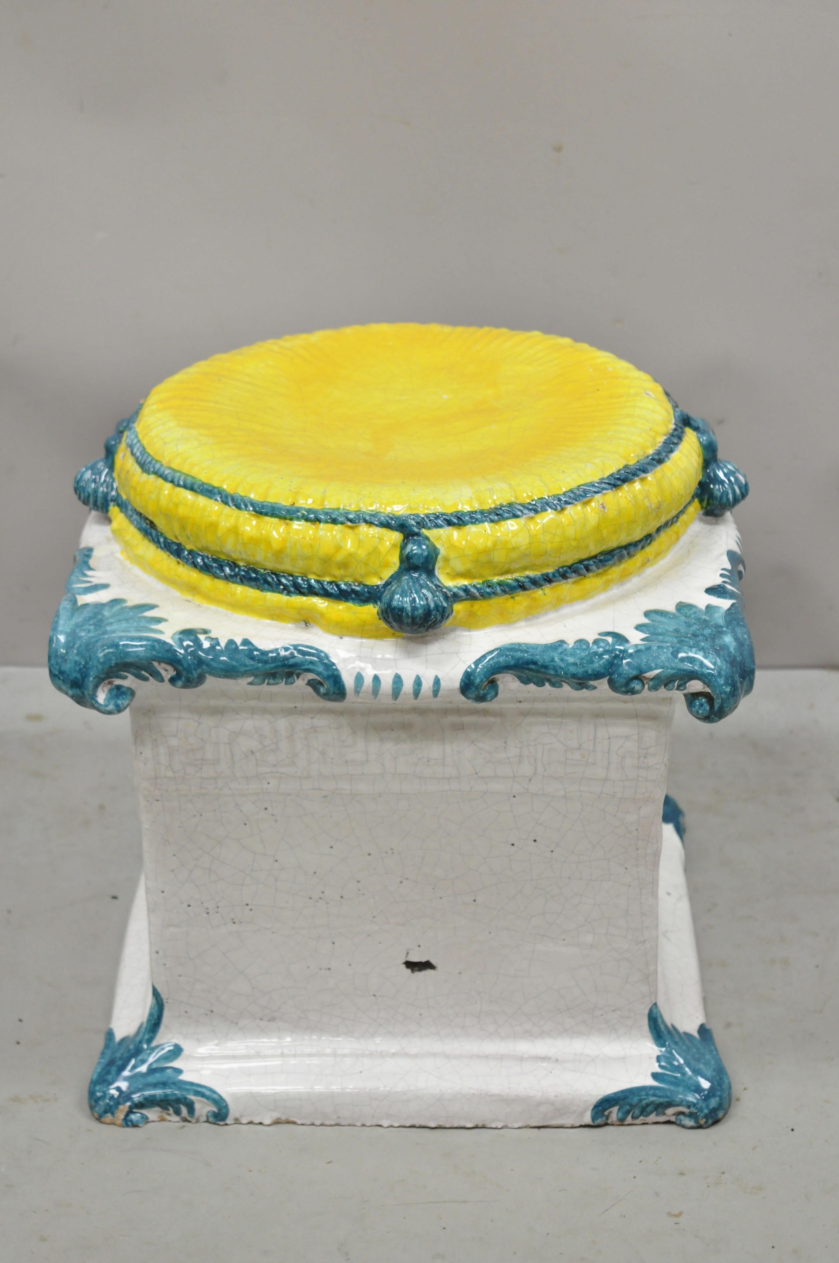 Italian Regency Yellow Blue Glazed Terracotta Greek Key Garden Seat Side Table 3