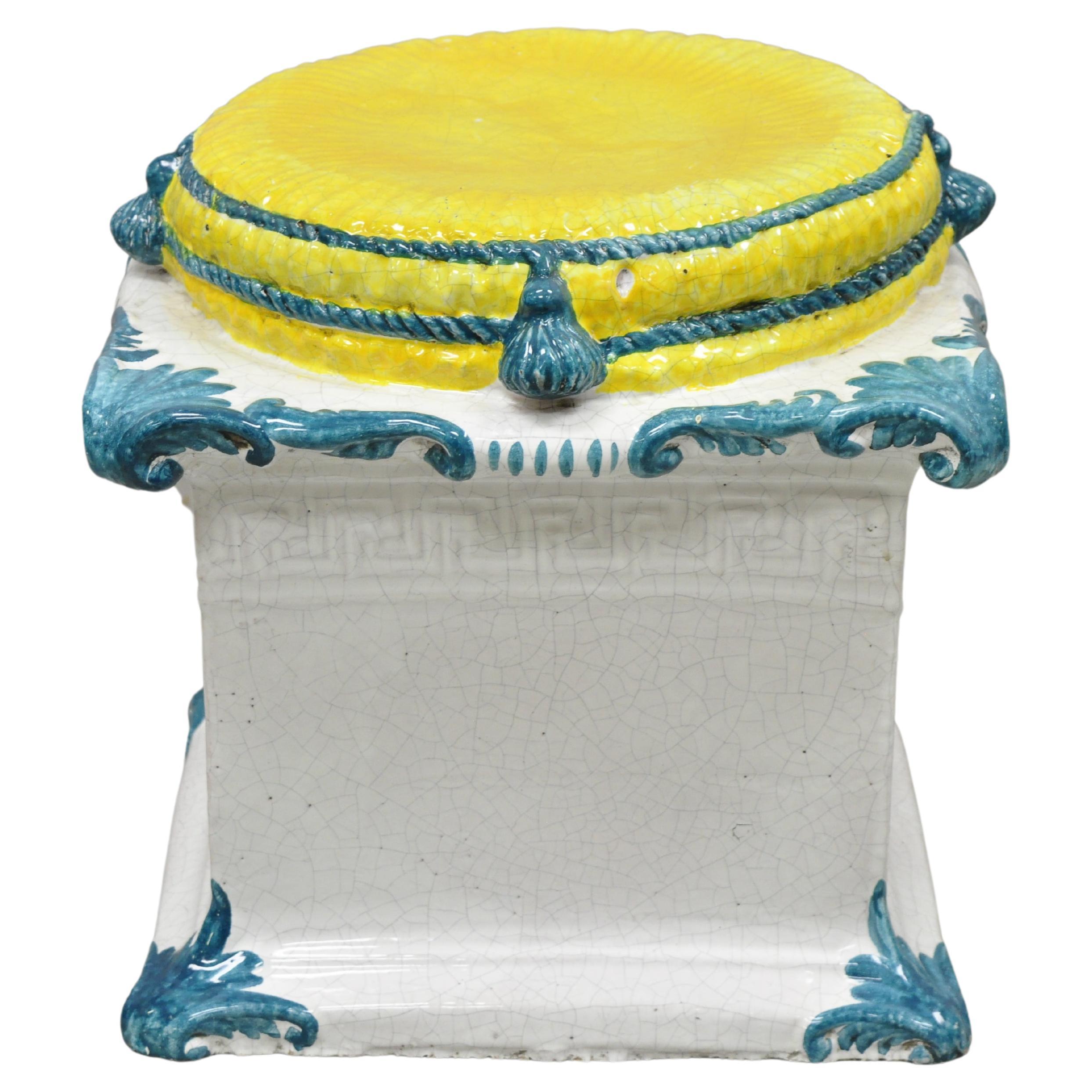 Italian Regency Yellow Blue Glazed Terracotta Greek Key Garden Seat Side Table