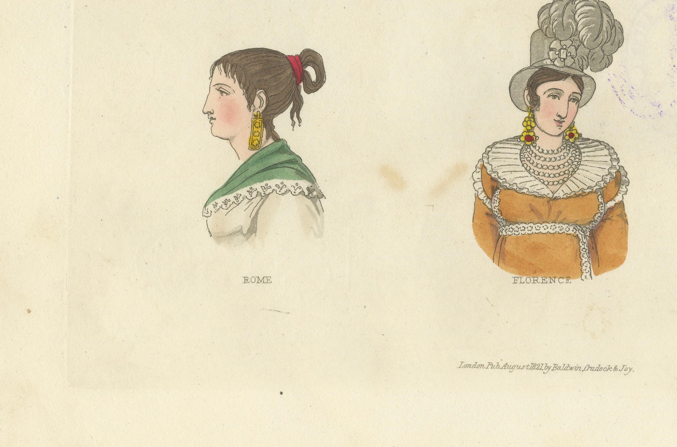 Costumes régionaux italiens : Sarzana, Sesto, Rome et Florence, 1823

Cette lithographie coloriée à la main présente six portraits en buste détaillés de femmes italiennes vêtues d'habits régionaux traditionnels, mettant en évidence les variations de