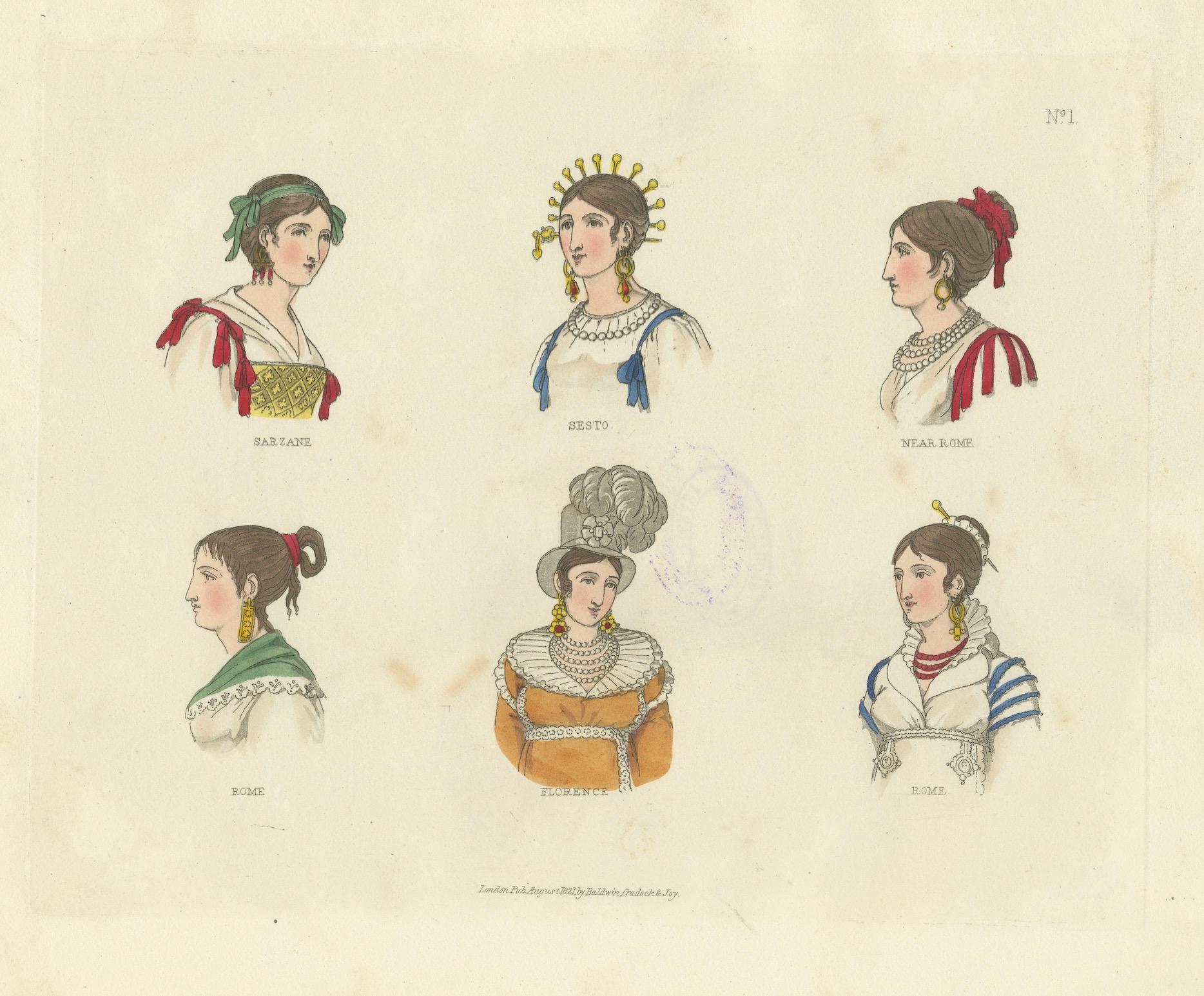 Papier Costumes régionaux italiens : Sarzana, Sesto, Rome et Florence, 1823 en vente
