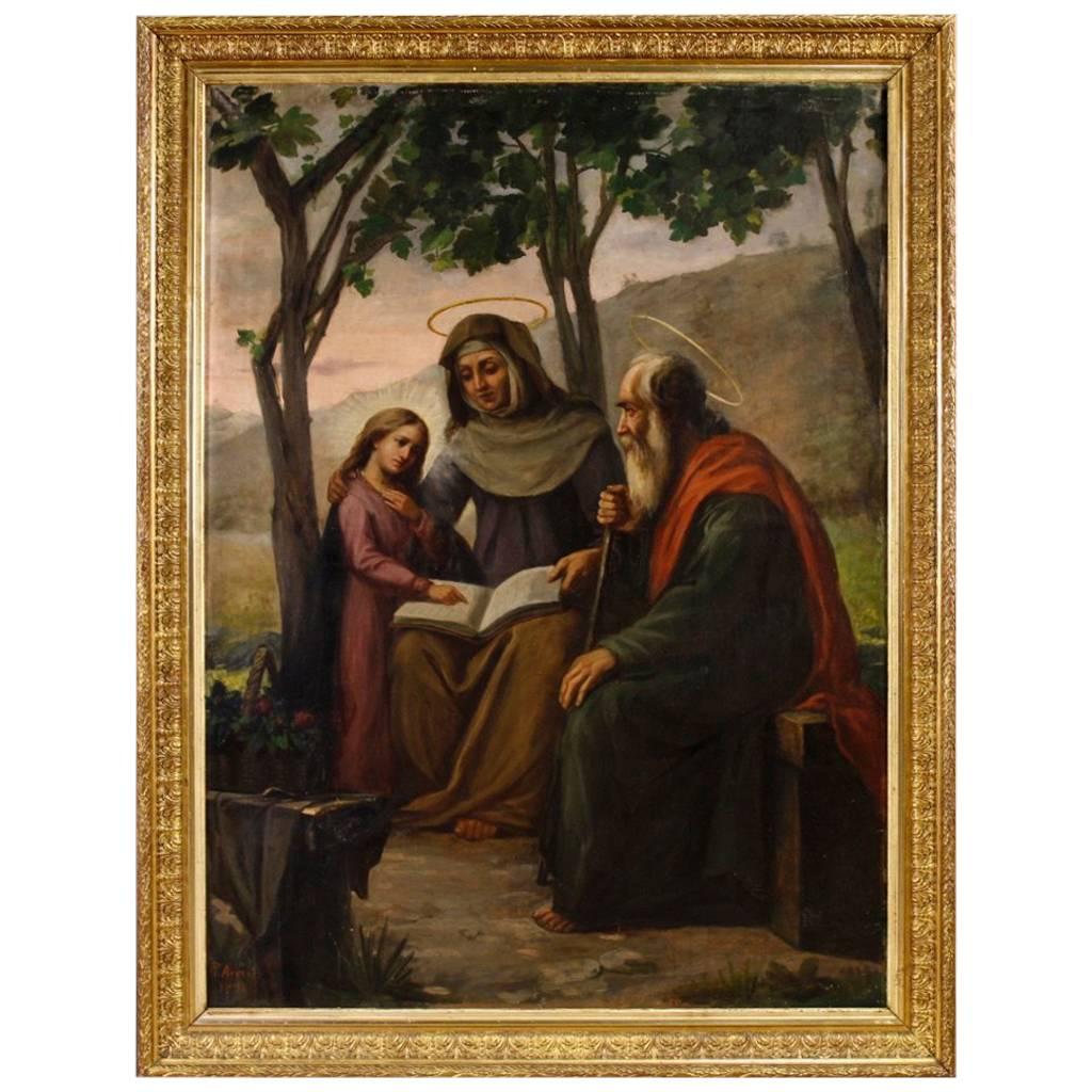 Italian Religious Painting Holy Family Oil on Canvas Signed Dated P. Arri 1898