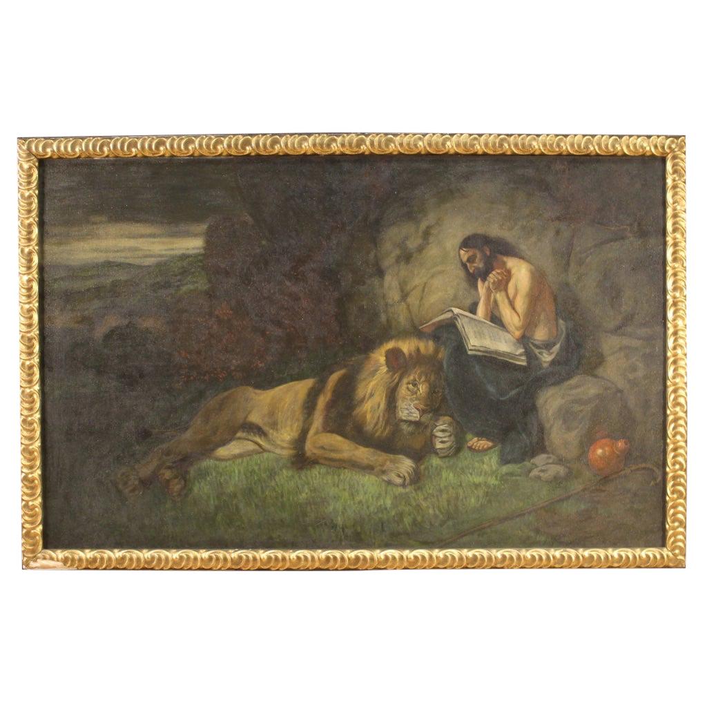 Italian Religious Painting Saint Jerome with Lion, 20th Century For Sale