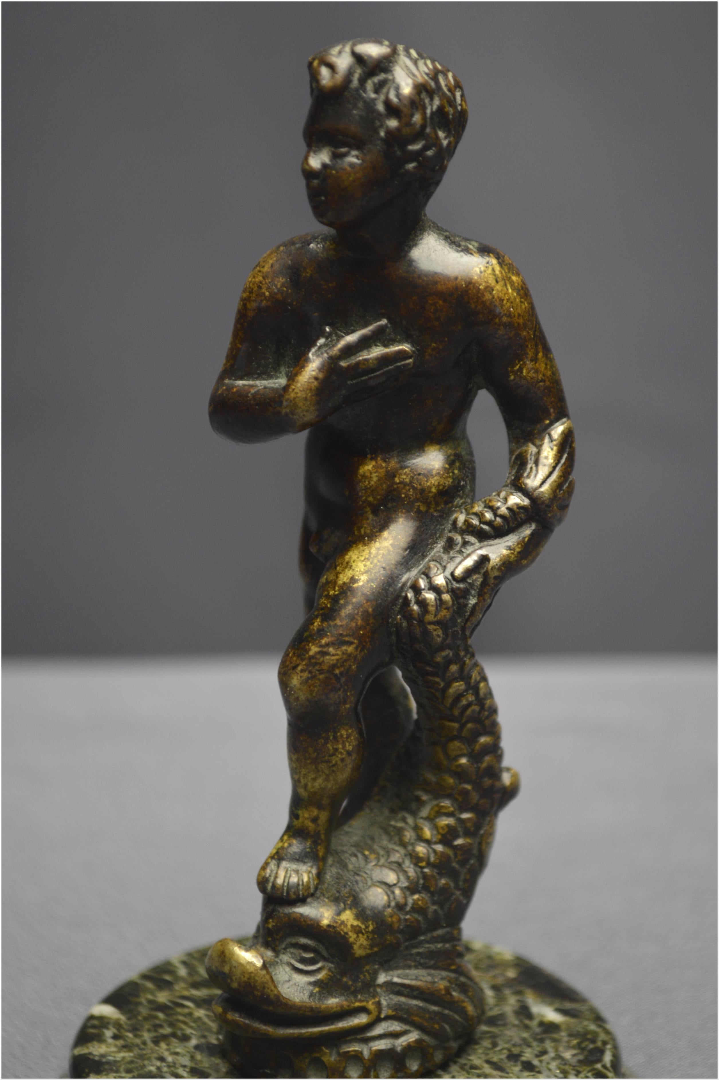 Italian Renaissance, 16th Century, Bronze Statuette, Young Man with a Dolphin For Sale 8