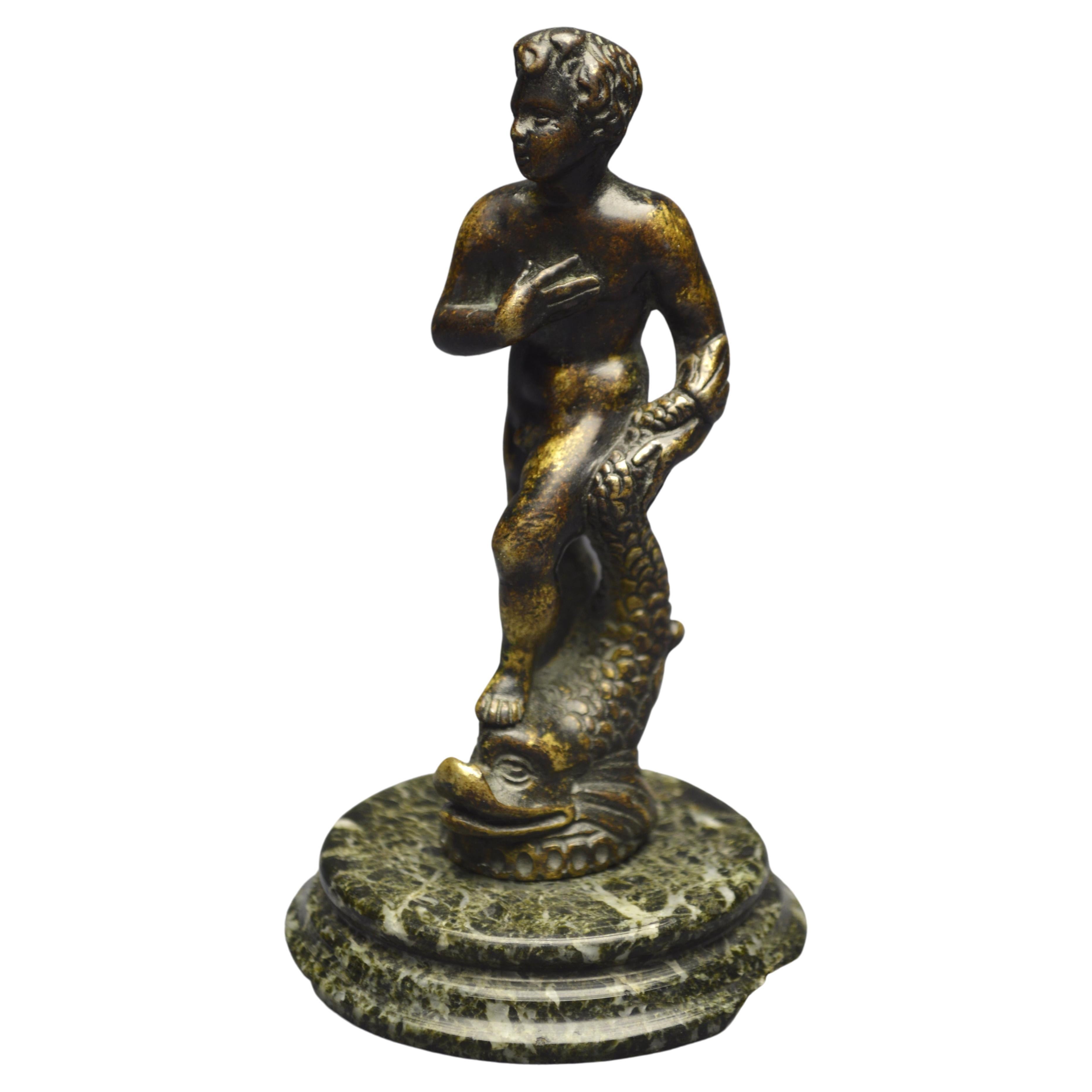 Italian Renaissance, 16th Century, Bronze Statuette, Young Man with a Dolphin For Sale