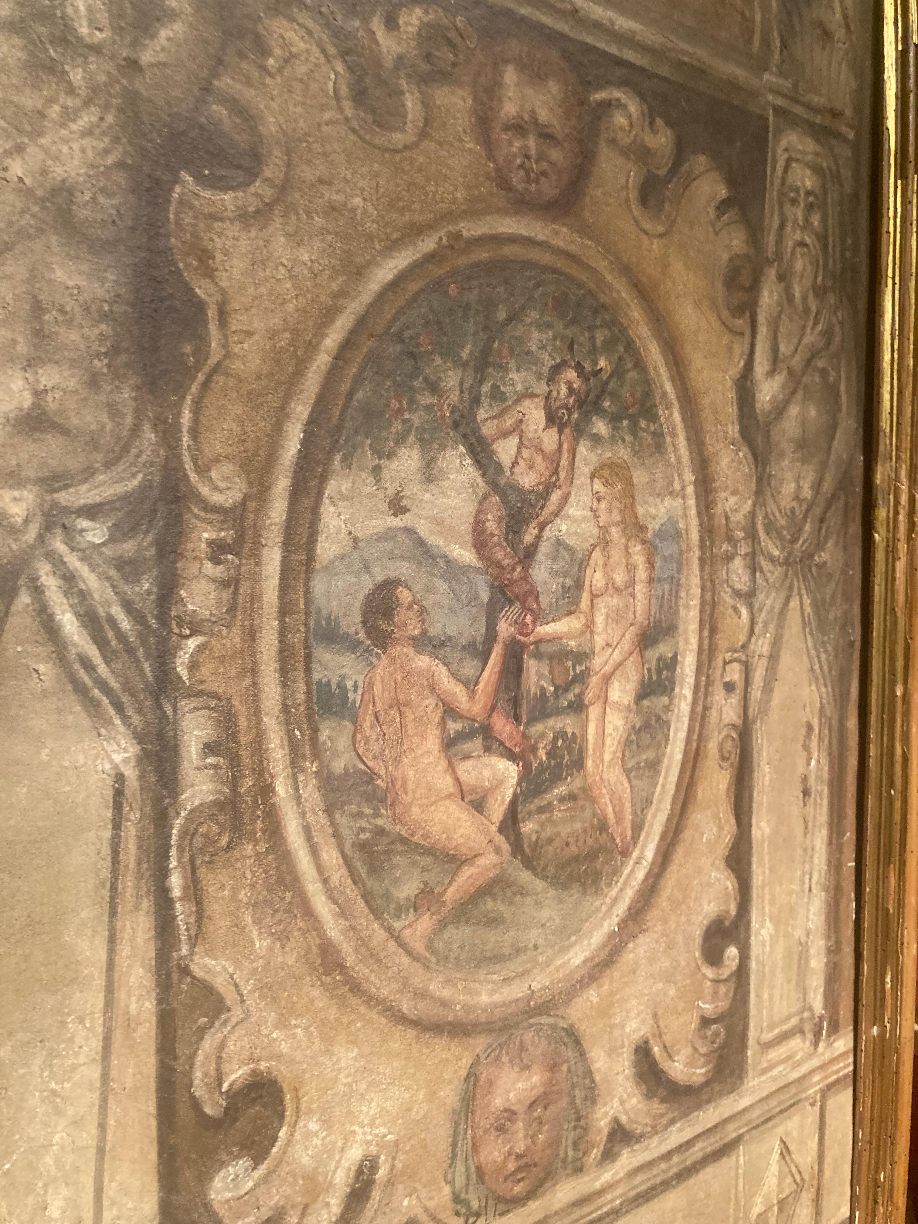 Italian Renaissance 16th Century Egg Tempera Fresco on Canvas, Adam and Eve For Sale 7