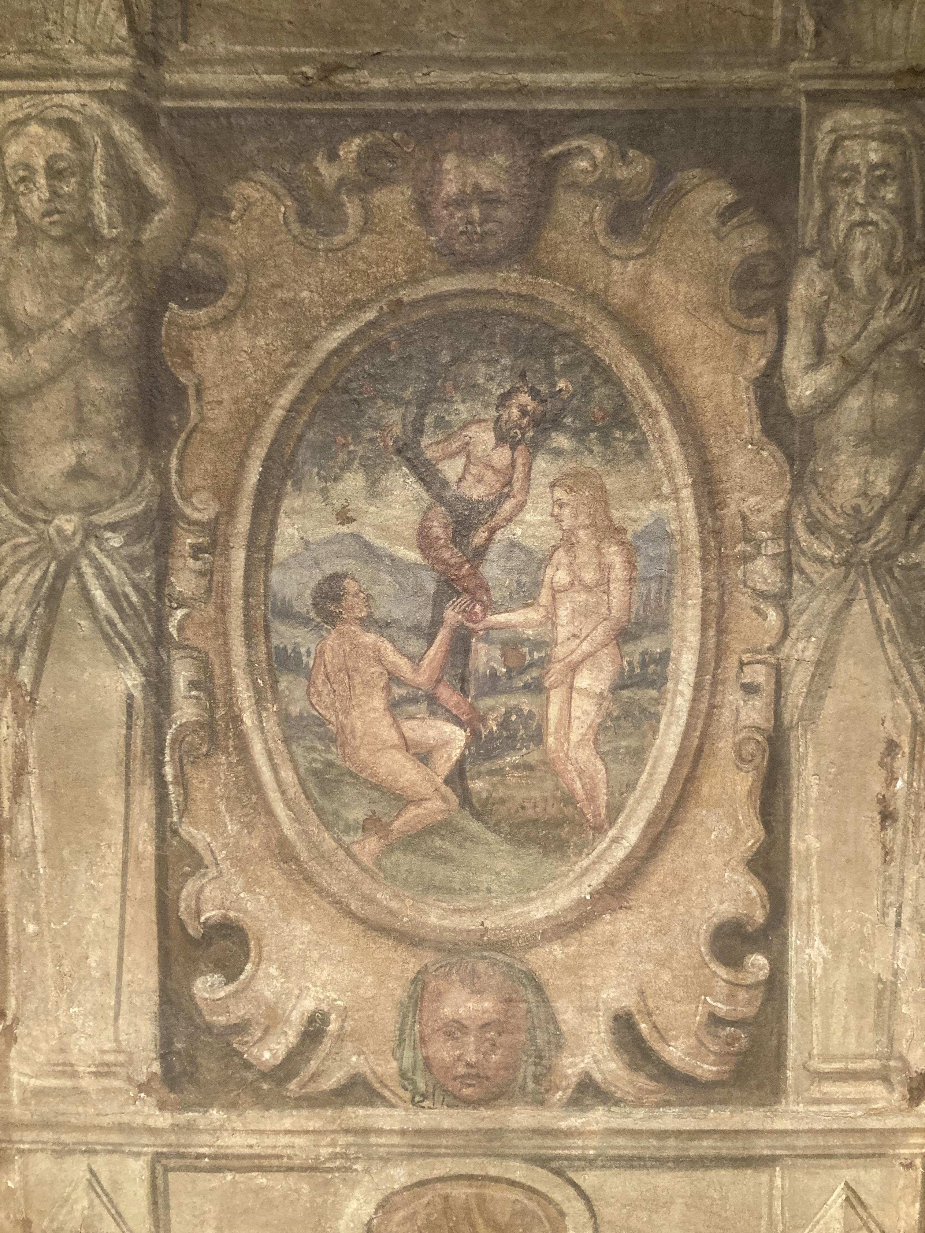 Gilt Italian Renaissance 16th Century Egg Tempera Fresco on Canvas, Adam and Eve For Sale