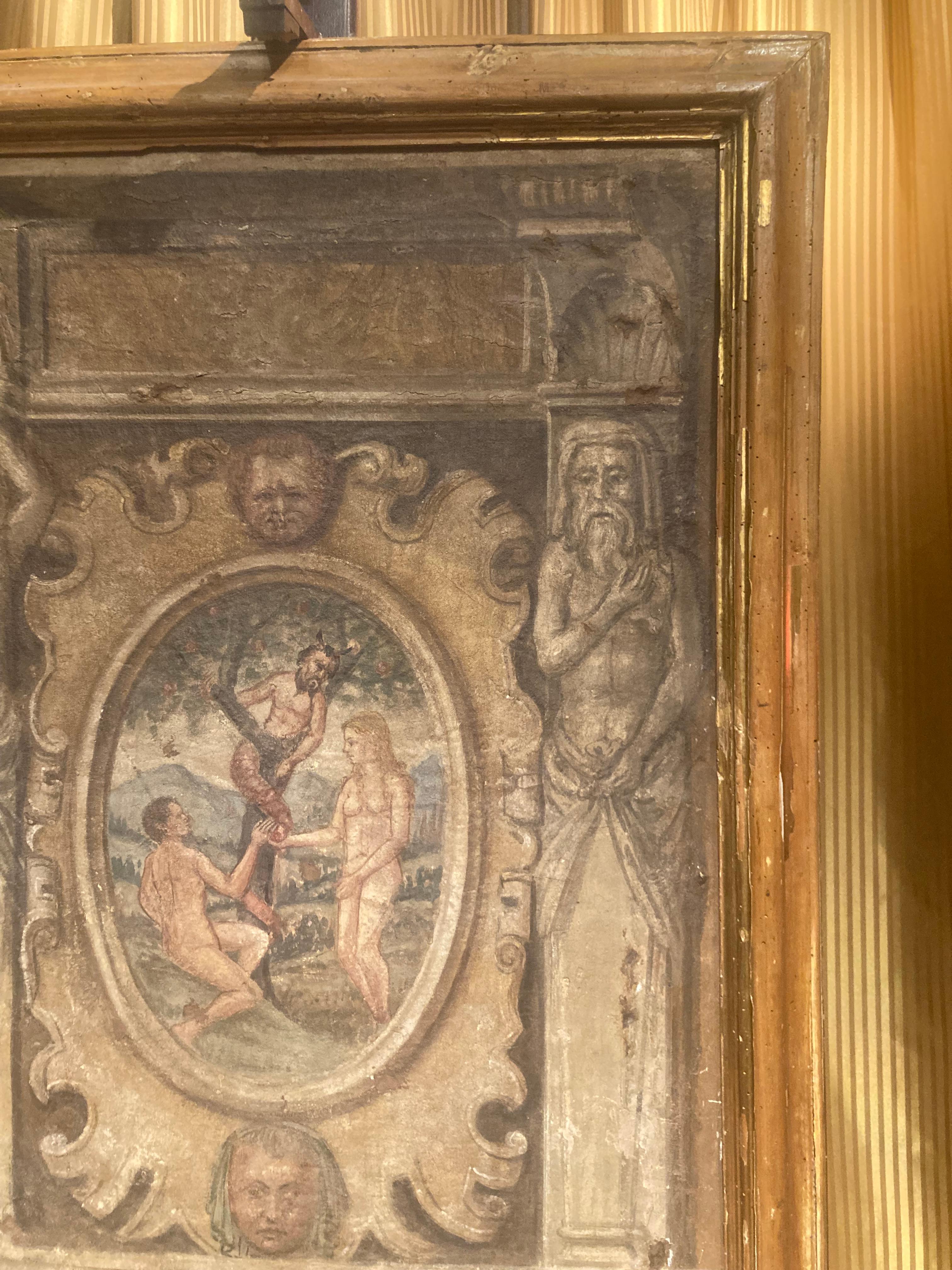 Tempera Fresco sur toile de la Renaissance italienne du 16ème siècle, Adam et Ève en vente 1