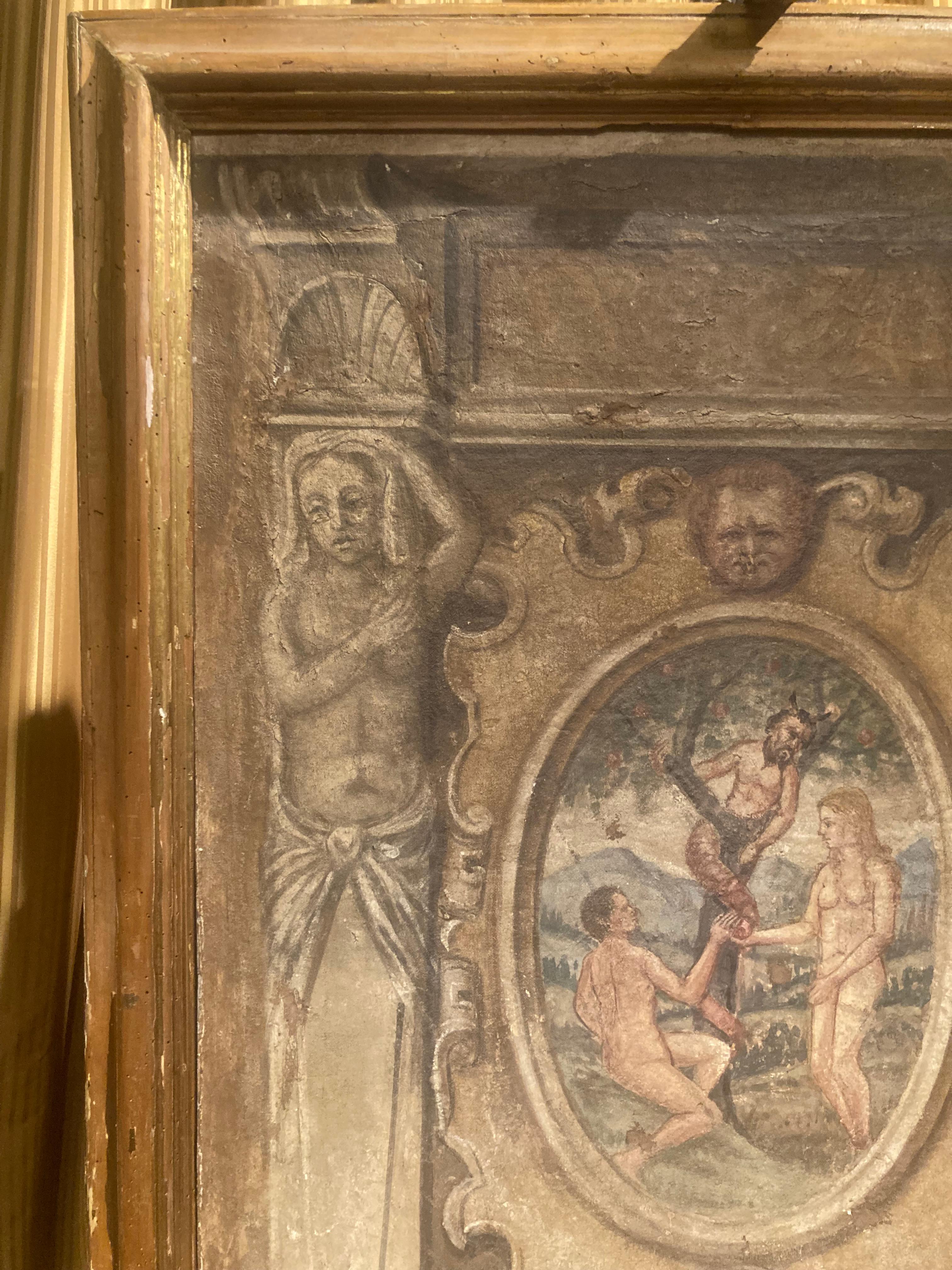 18th Century and Earlier Italian Renaissance 16th Century Egg Tempera Fresco on Canvas, Adam and Eve For Sale