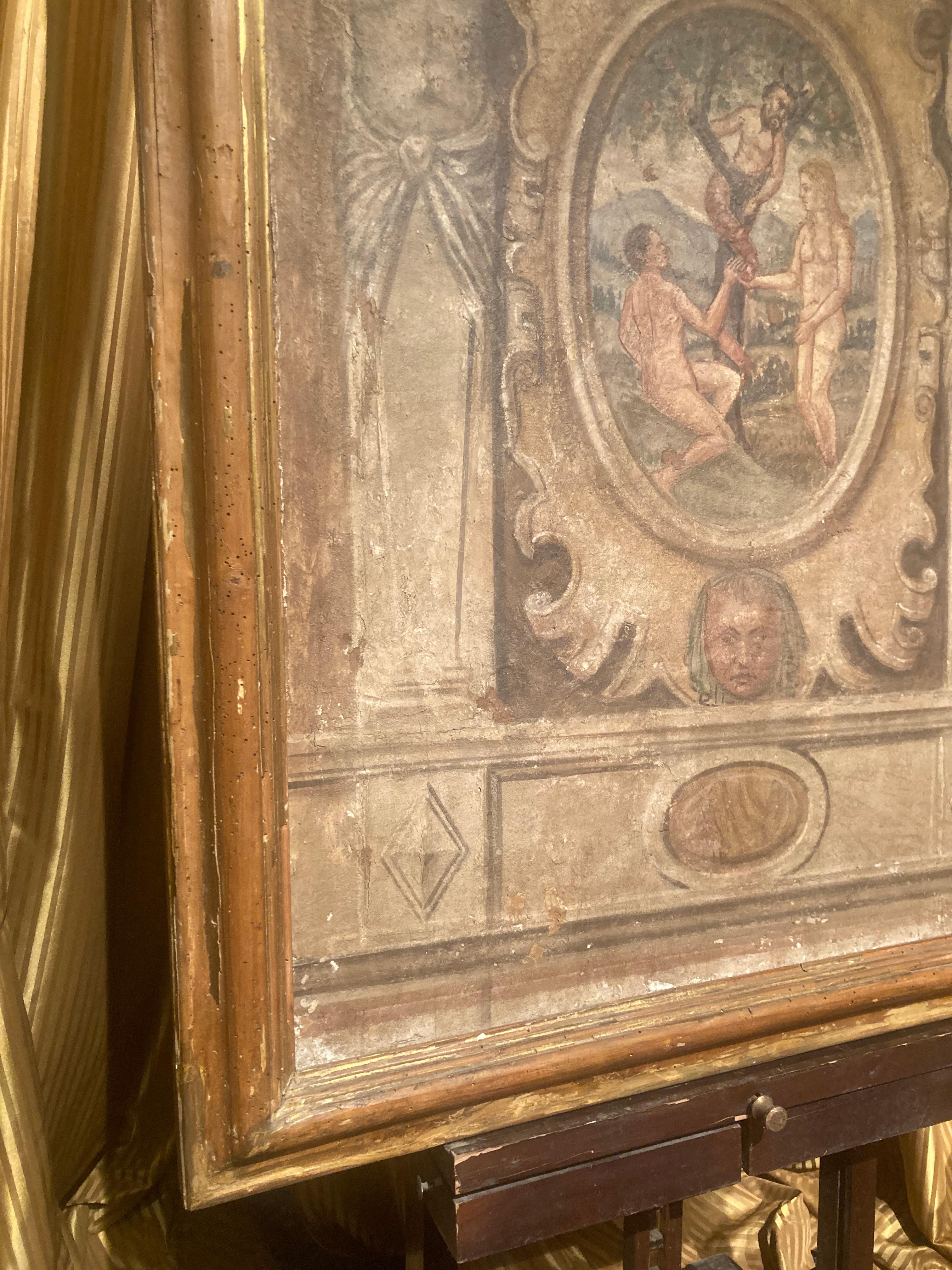 Italian Renaissance 16th Century Egg Tempera Fresco on Canvas, Adam and Eve For Sale 1