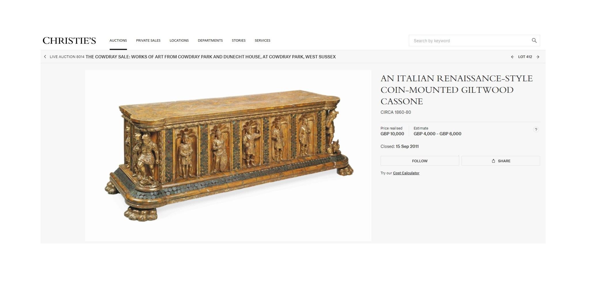 Royal House Antiques

Royal House Antiques is delighted to offer for sale this super decorative Italian Renaissance Coin mounted Giltwood Cassone trunk circa 1860-1880 which was sold in Christies in The Cowdray Sale: Works of Art from Cowdray Park