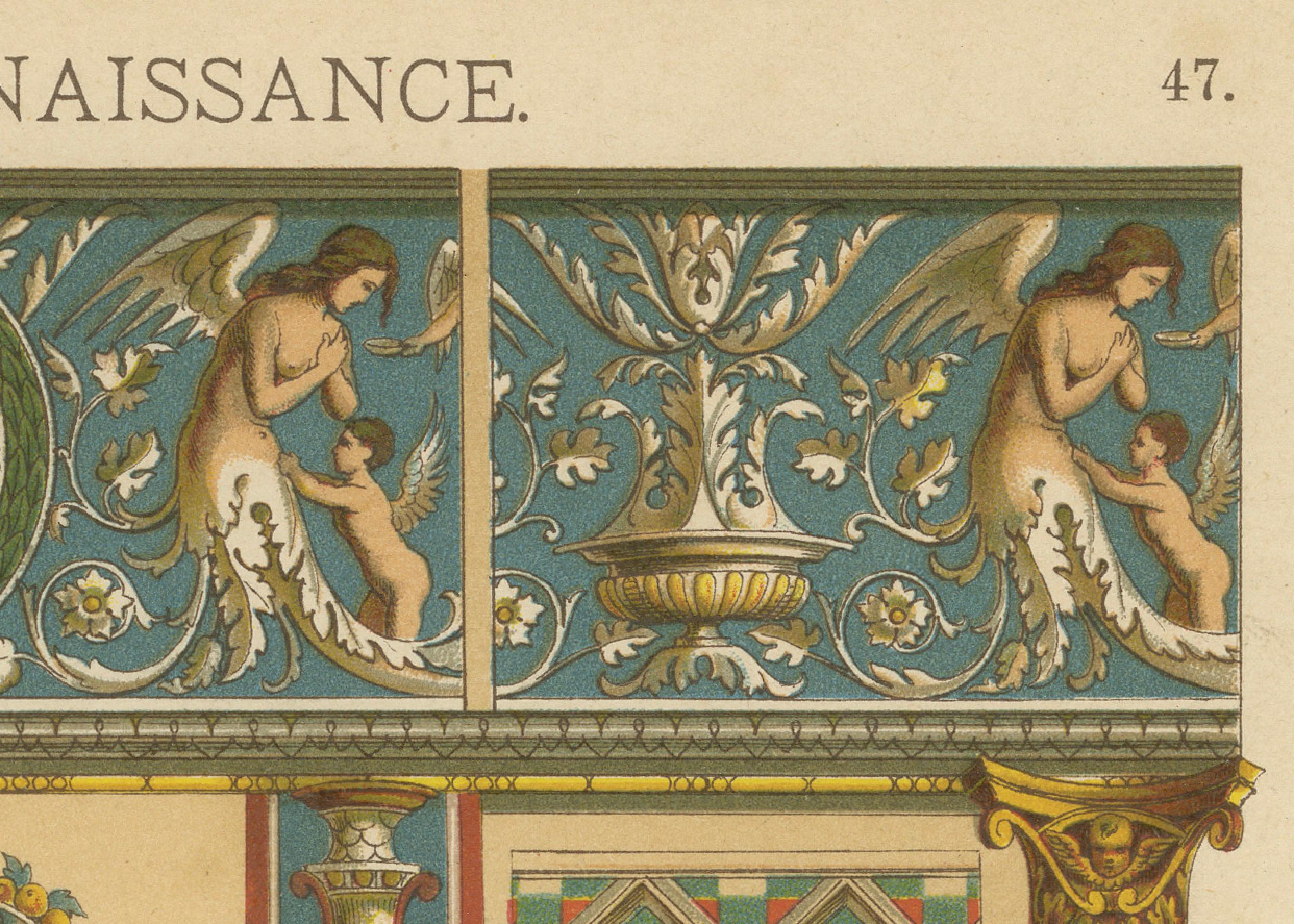 Stampa di fregio architettonico rinascimentale italiano con motto Virtus, XIX secolo

Questa vivace cromolitografia del XIX secolo è la lastra 47 della rinomata serie tedesca di arti decorative *Ornamentenschatz* (Il Tesoro dell'Ornamento),