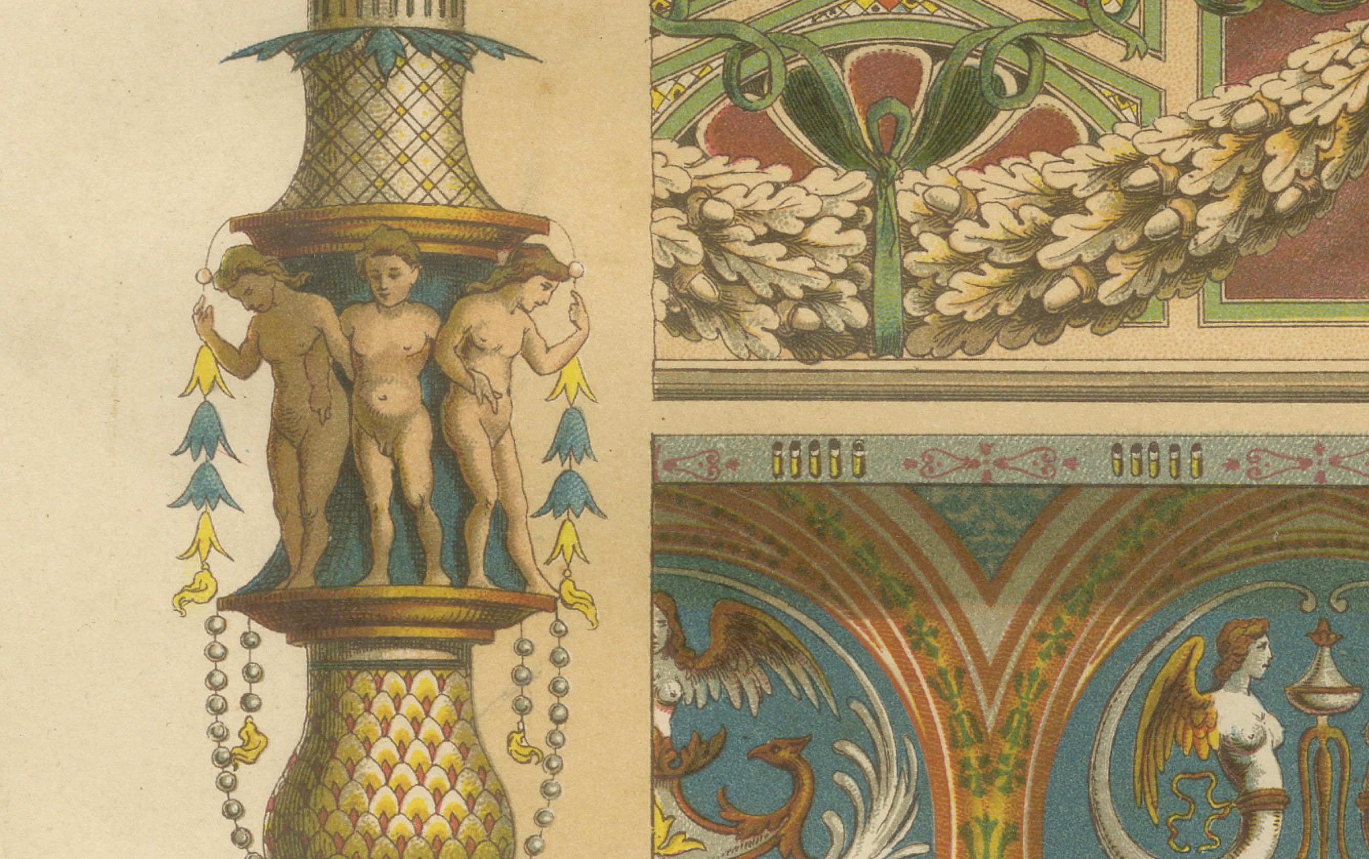 Stampa di fregio architettonico rinascimentale italiano con motto Virtus, XIX secolo In condizioni buone in vendita a Langweer, NL