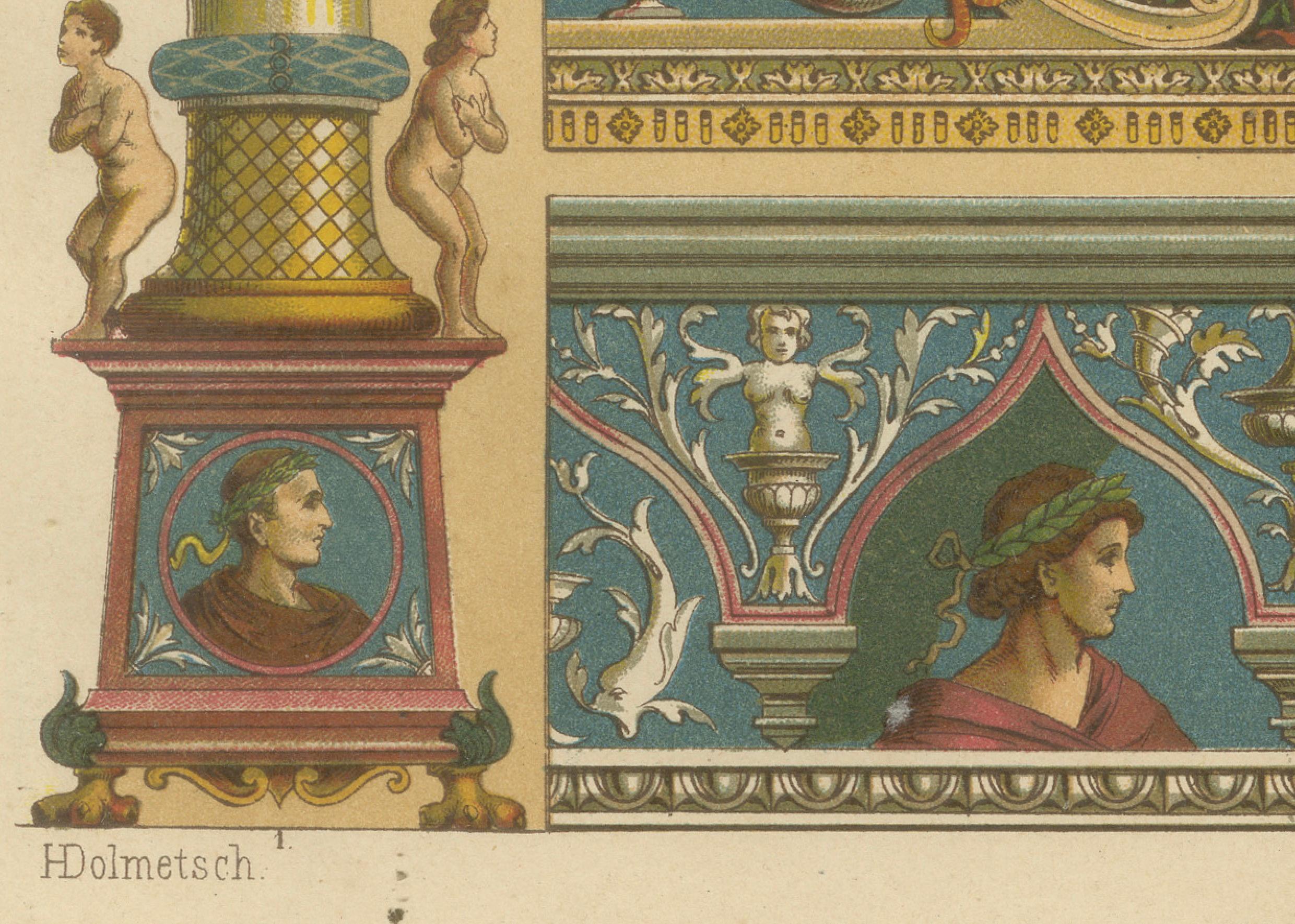Fine XIX secolo Stampa di fregio architettonico rinascimentale italiano con motto Virtus, XIX secolo in vendita