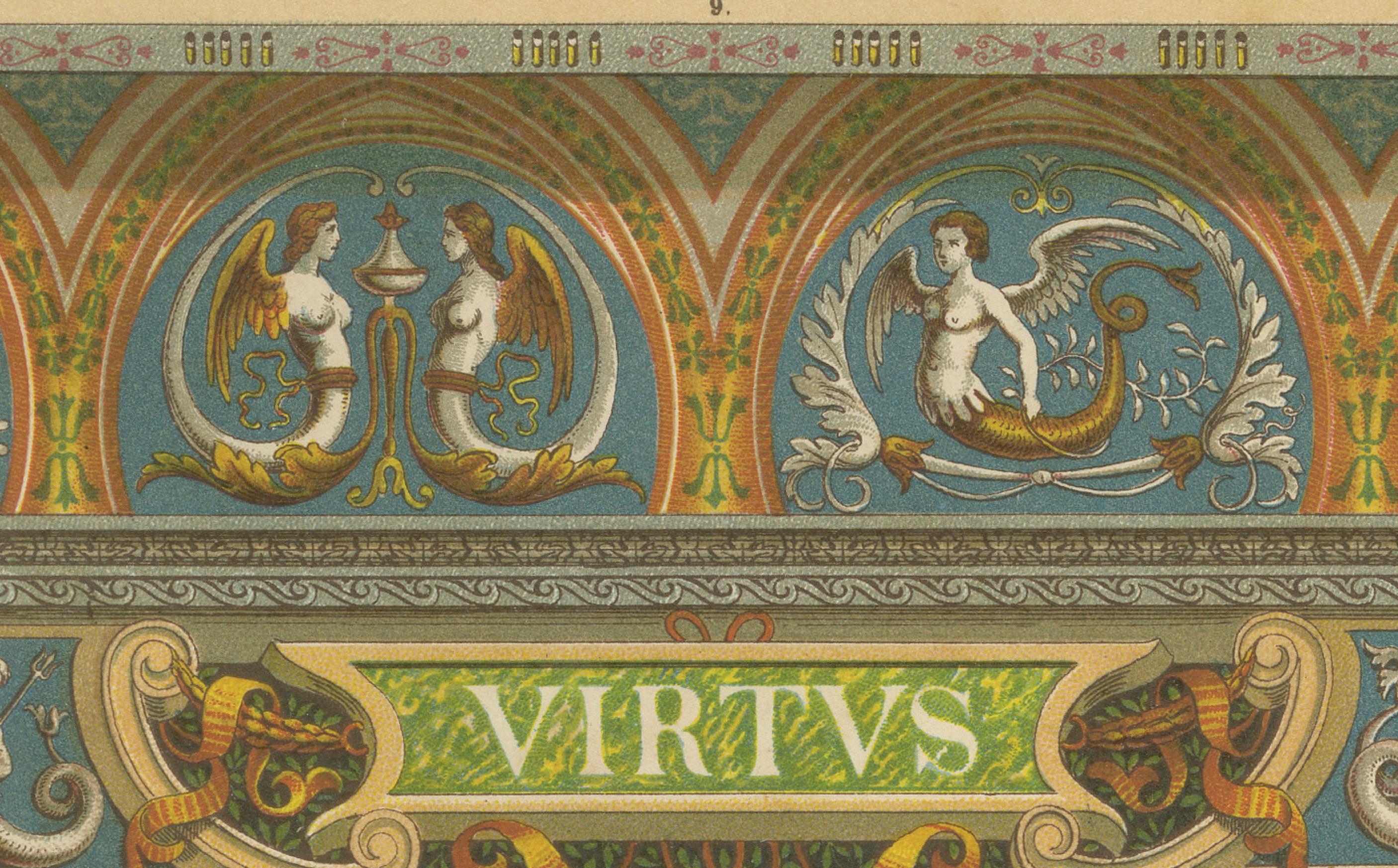 Stampa di fregio architettonico rinascimentale italiano con motto Virtus, XIX secolo in vendita 1