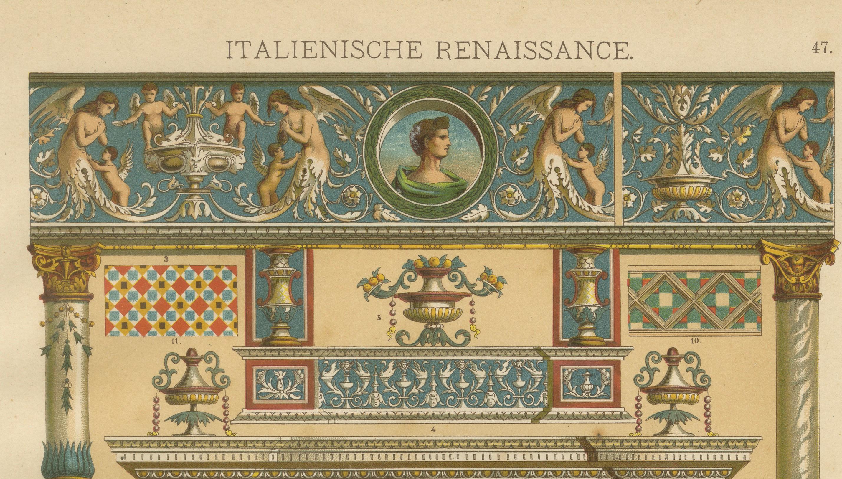 Stampa di fregio architettonico rinascimentale italiano con motto Virtus, XIX secolo in vendita 2