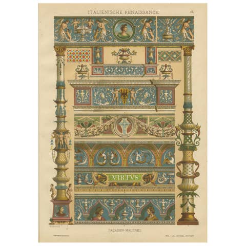 Italian Renaissance Architectural Frieze Print with Virtus Motto, 19th Century