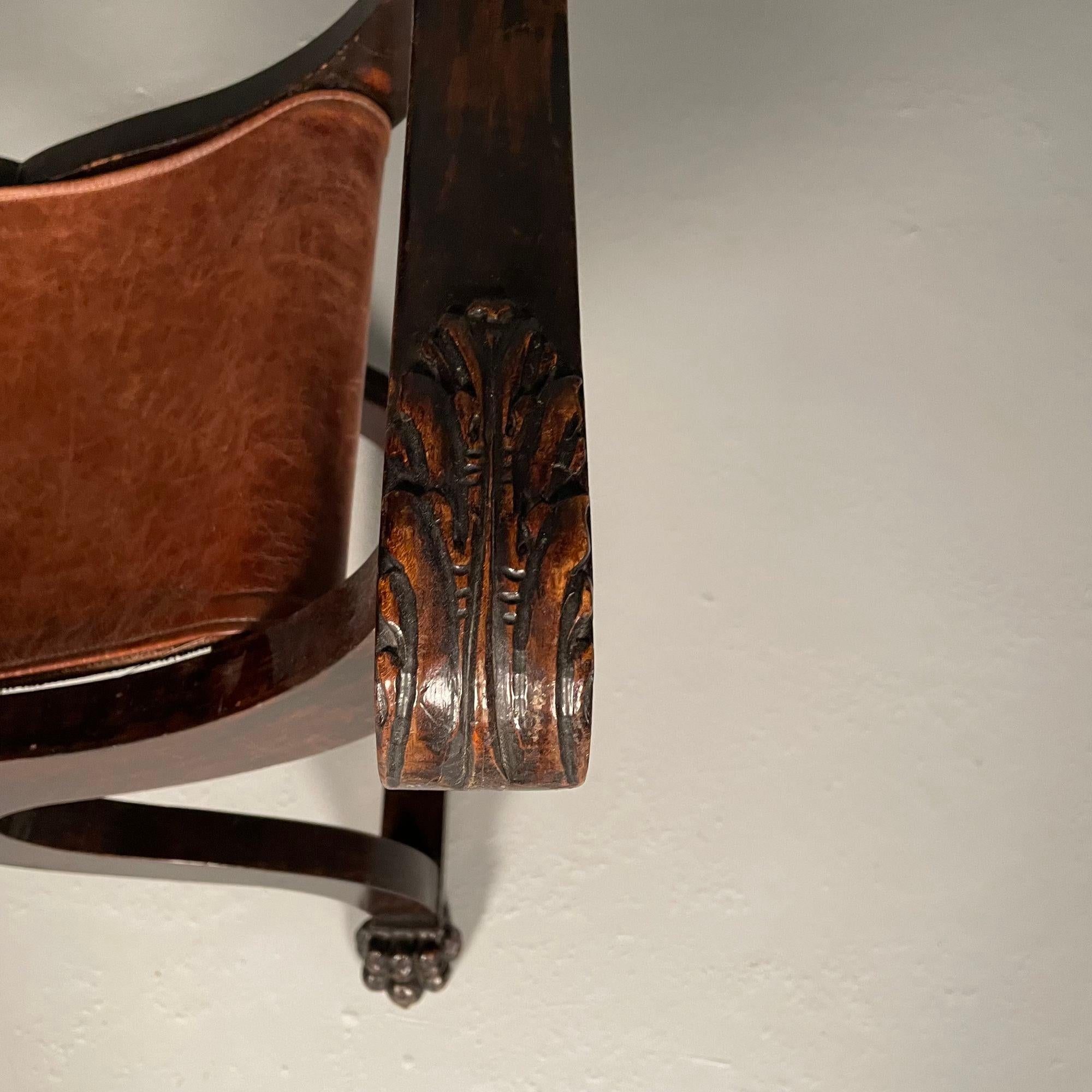 Chaise de bureau / à accoudoirs Renaissance italienne, sculptée, assise en cuir, 19e siècle en vente 6