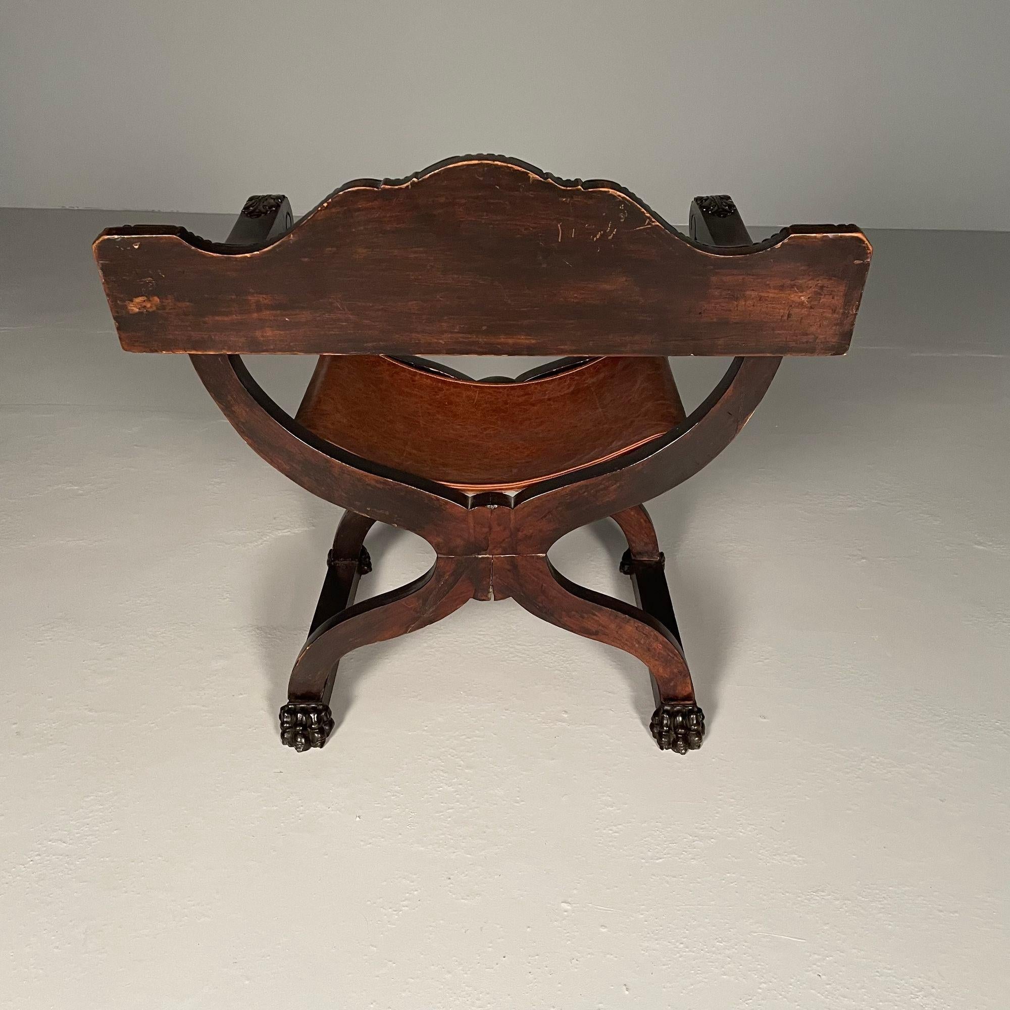 Chaise de bureau / à accoudoirs Renaissance italienne, sculptée, assise en cuir, 19e siècle en vente 11