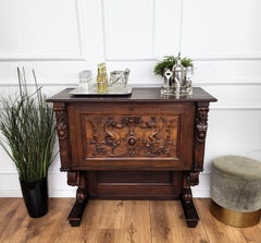Italian Renaissance Style Art Deco MidCentury Carved Walnut Burl Dry Bar Cabinet