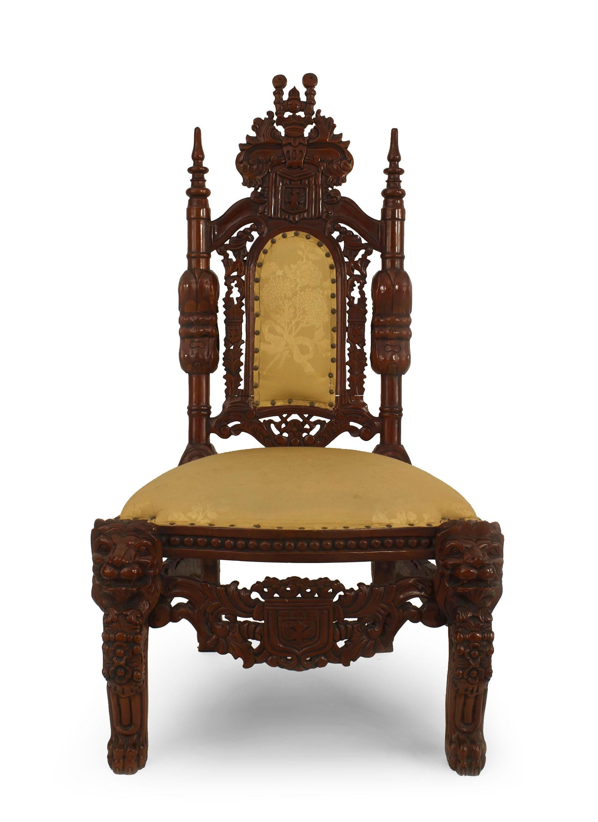 Italian Renaissance style (20th Cent) mahogany side chair with carved lion legs and a back carved crest & stretcher with a light beige damask upholstered back & seat
