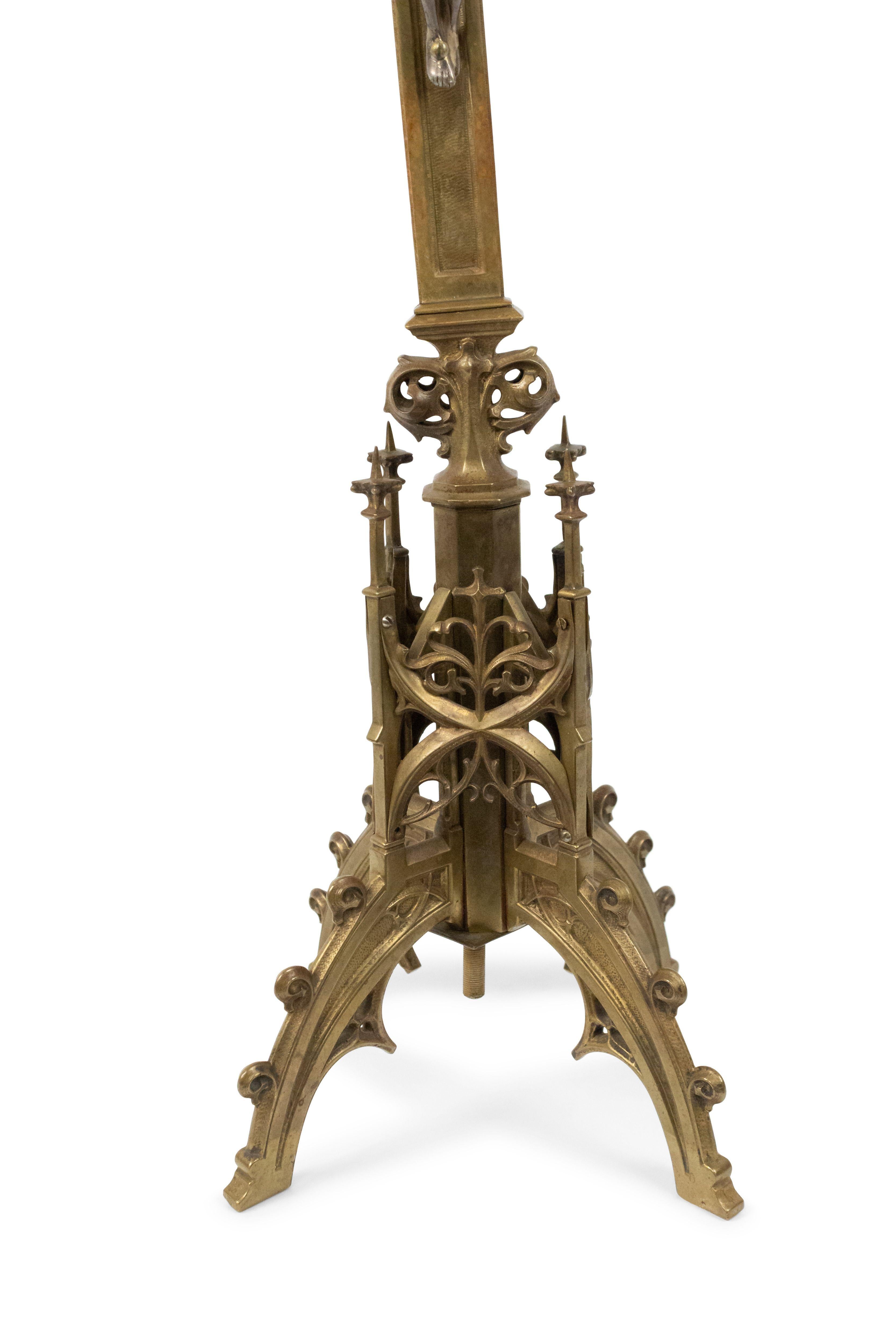 Italian Renaissance Gothic style (19th Cent) bronze religious crucifix with filigree cross on 4 legged base with silver plate Christ figure (19th Cent.)