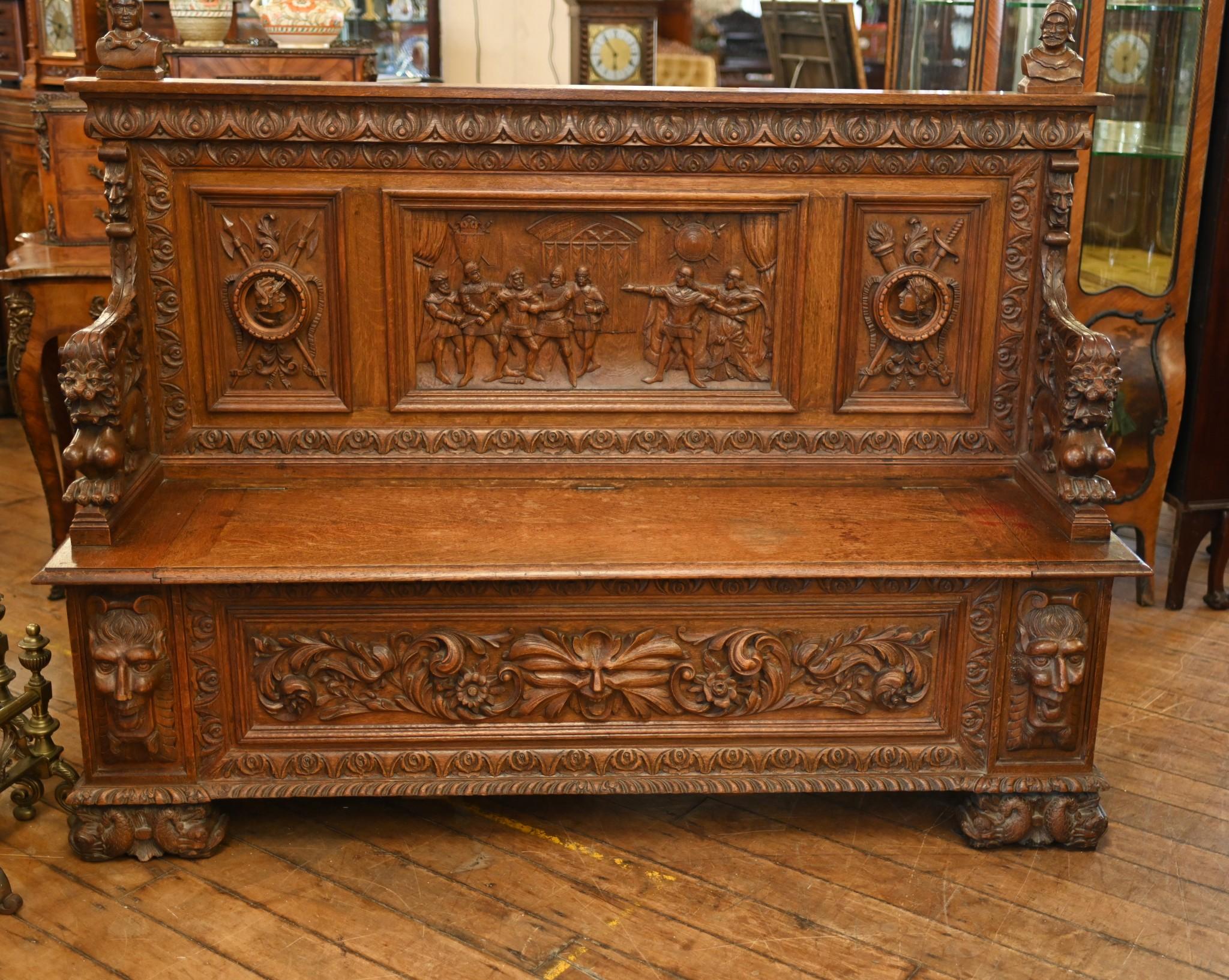 Italian Renaissance Carved Bench Oak Settle 1880 10