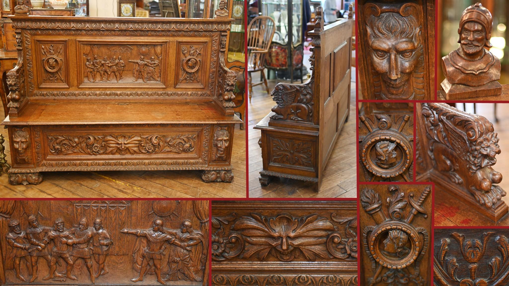 Italian Renaissance Carved Bench Oak Settle 1880 11