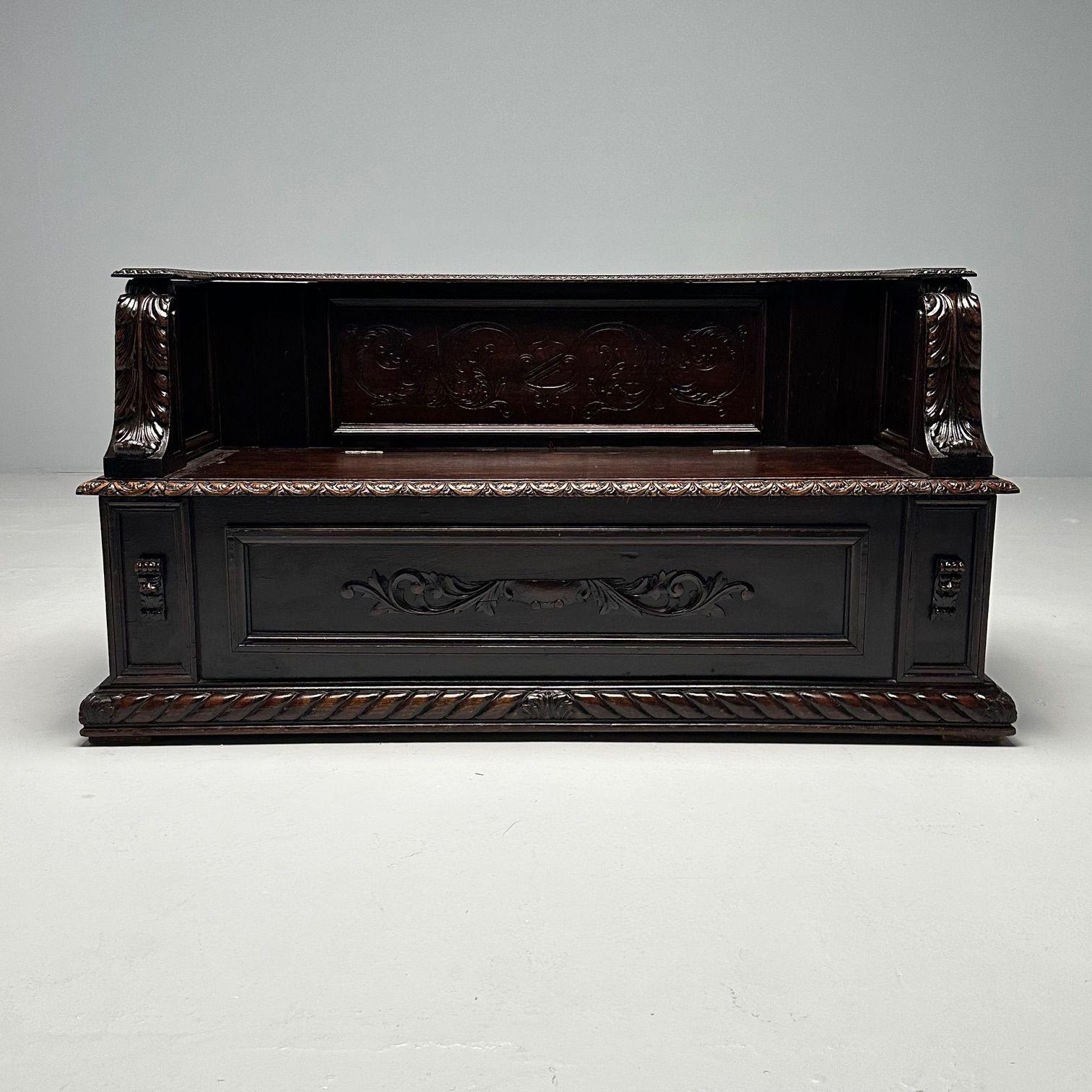 Italian Renaissance, Carved Hall Bench, Cassone, Walnut, Italy, 19th Century For Sale 1