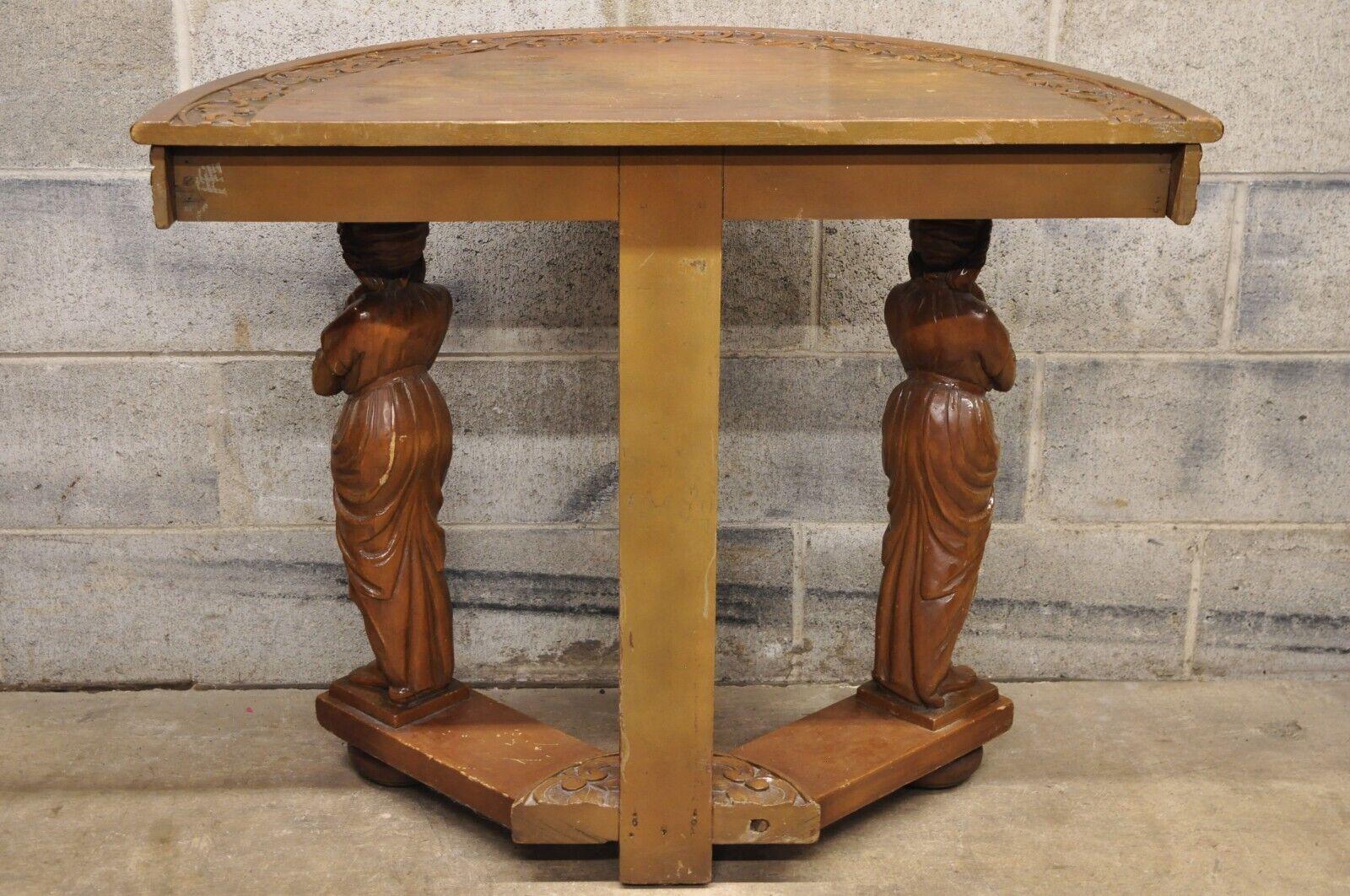 Italian Renaissance Carved Walnut Figural Half Round Demilune Console Table For Sale 8