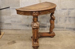 Italian Renaissance Carved Walnut Figural Half Round Demilune Console Table