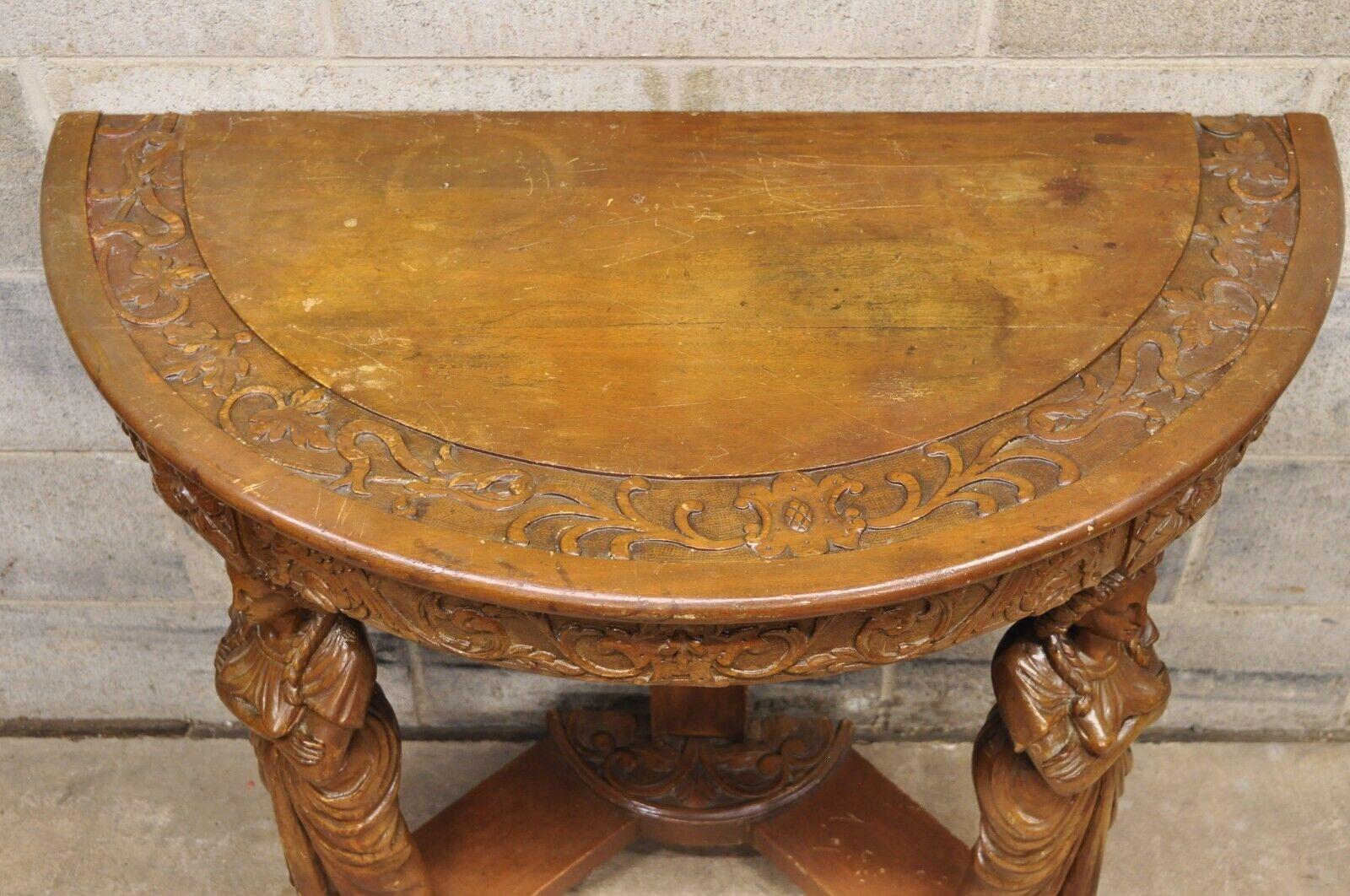 Italian Renaissance Carved Walnut Figural Half Round Demilune Console Table For Sale 1