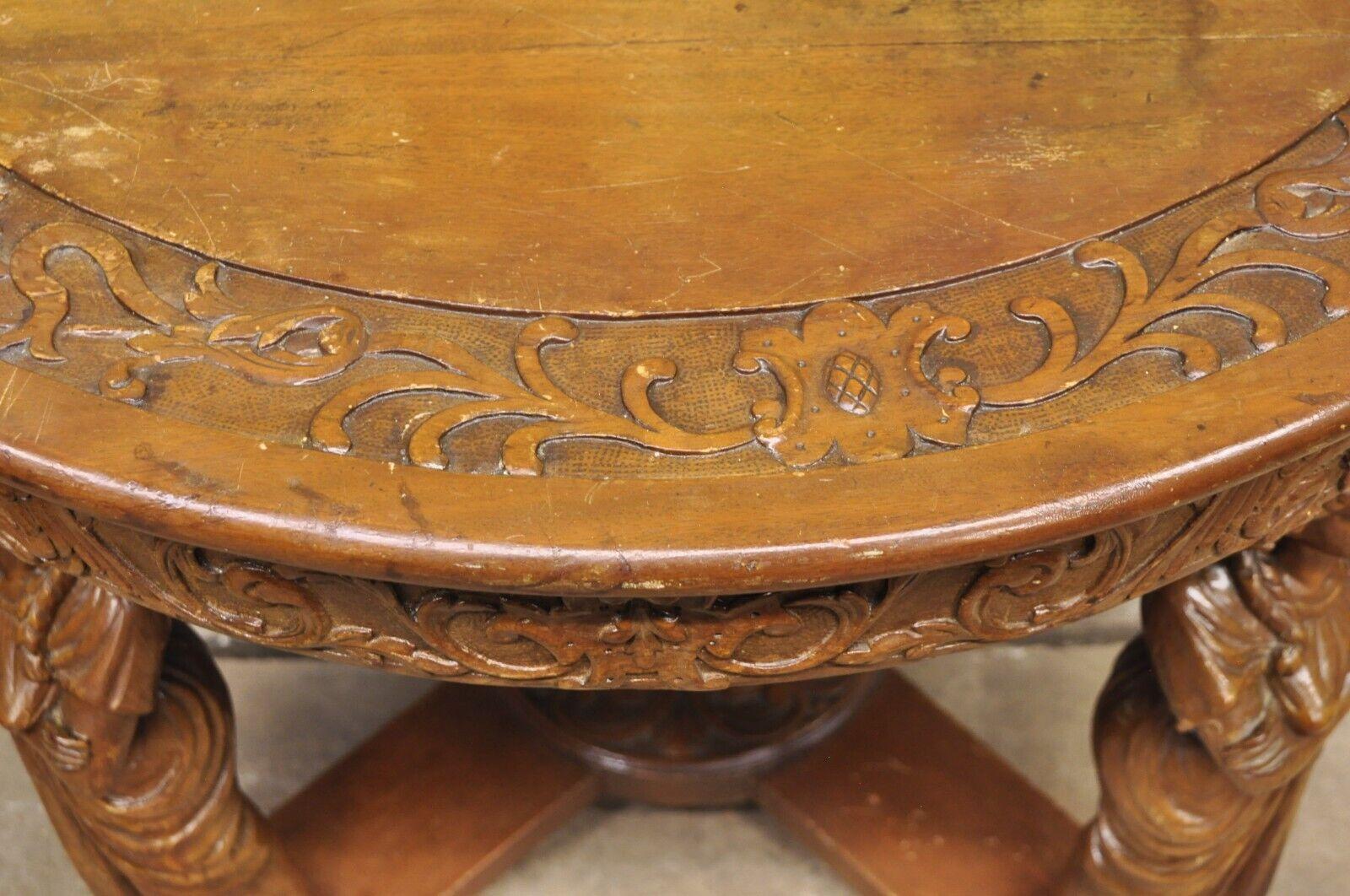 Italian Renaissance Carved Walnut Figural Half Round Demilune Console Table For Sale 2