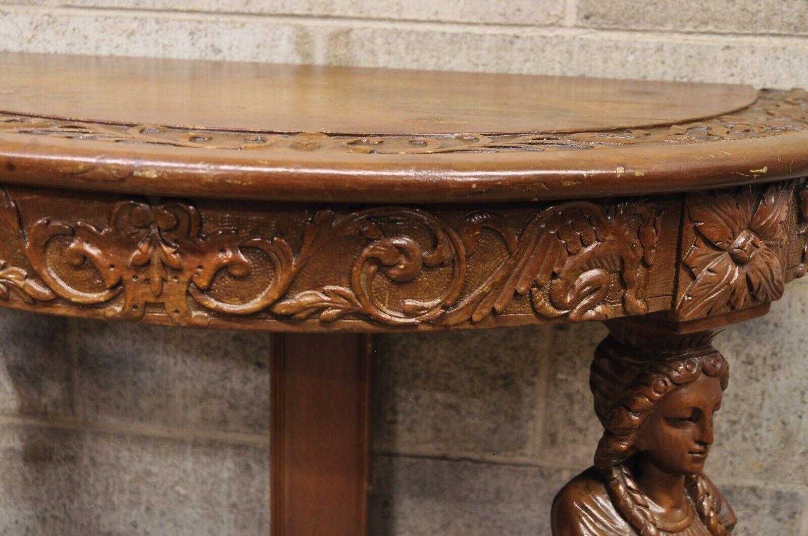 Italian Renaissance Carved Walnut Figural Half Round Demilune Console Table For Sale 4