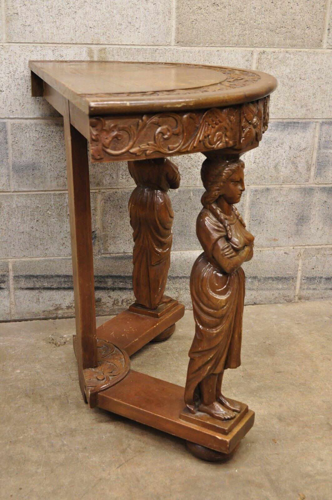 Italian Renaissance Carved Walnut Figural Half Round Demilune Console Table For Sale 5