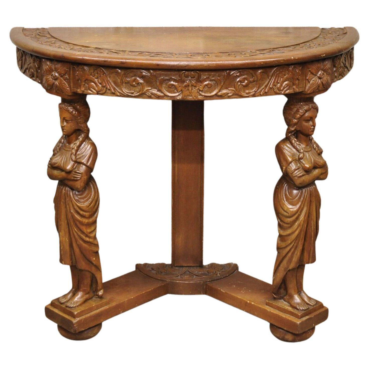 Italian Renaissance Carved Walnut Figural Half Round Demilune Console Table For Sale
