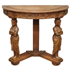 Antique Italian Renaissance Carved Walnut Figural Half Round Demilune Console Table