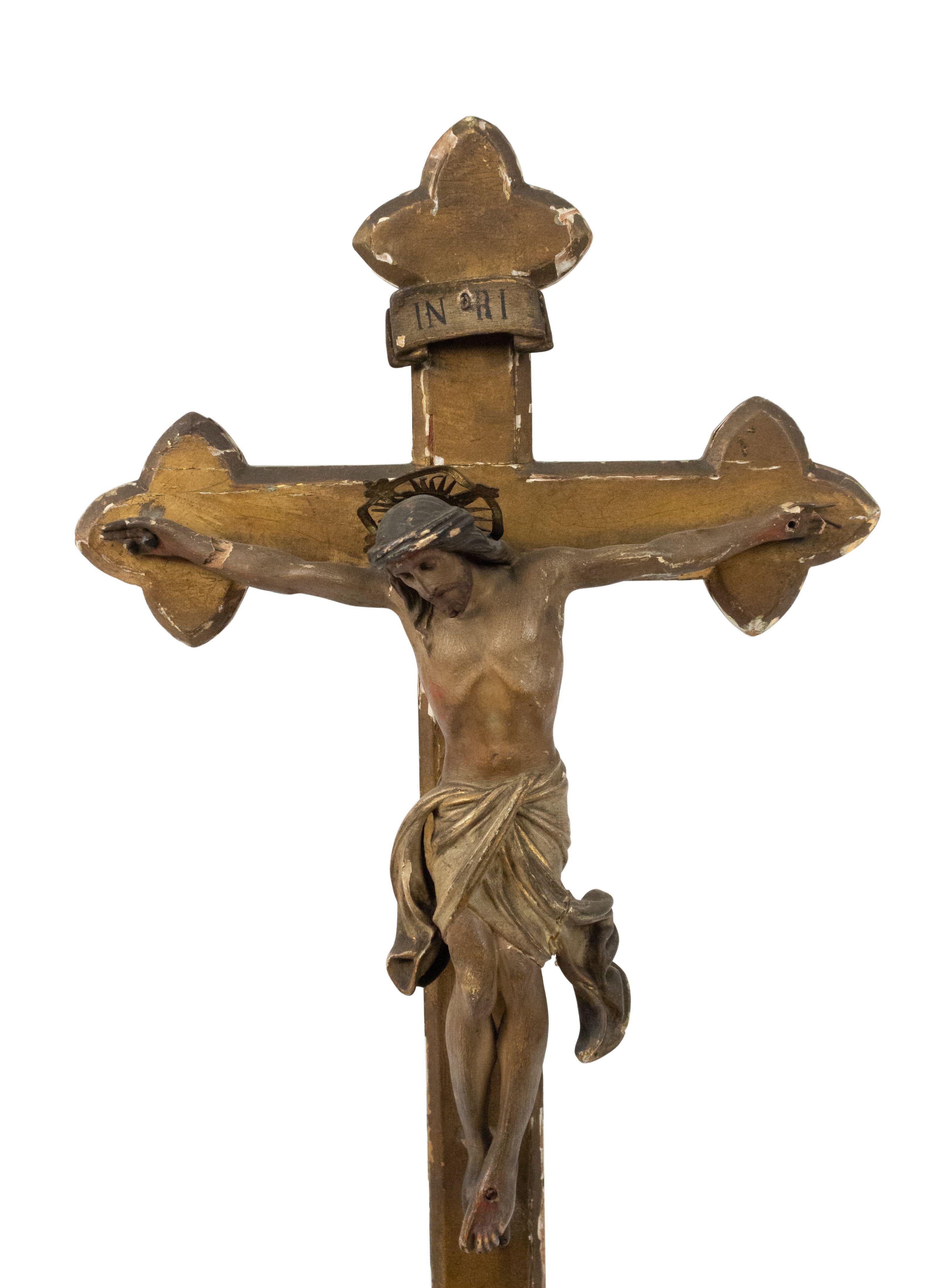 Italian Renaissance style (19th Cent) carved wood crucifix on square base with figure