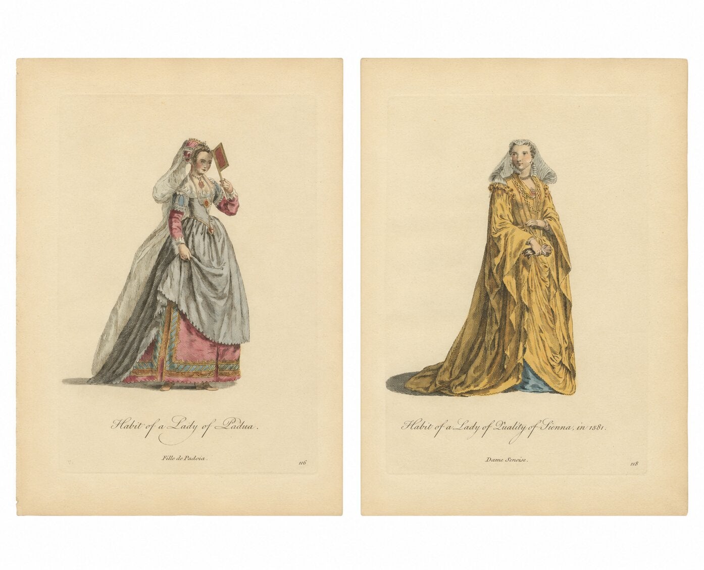 Italian Renaissance Costume Engravings of Padua & Siena, Hand-Colored, 1749
