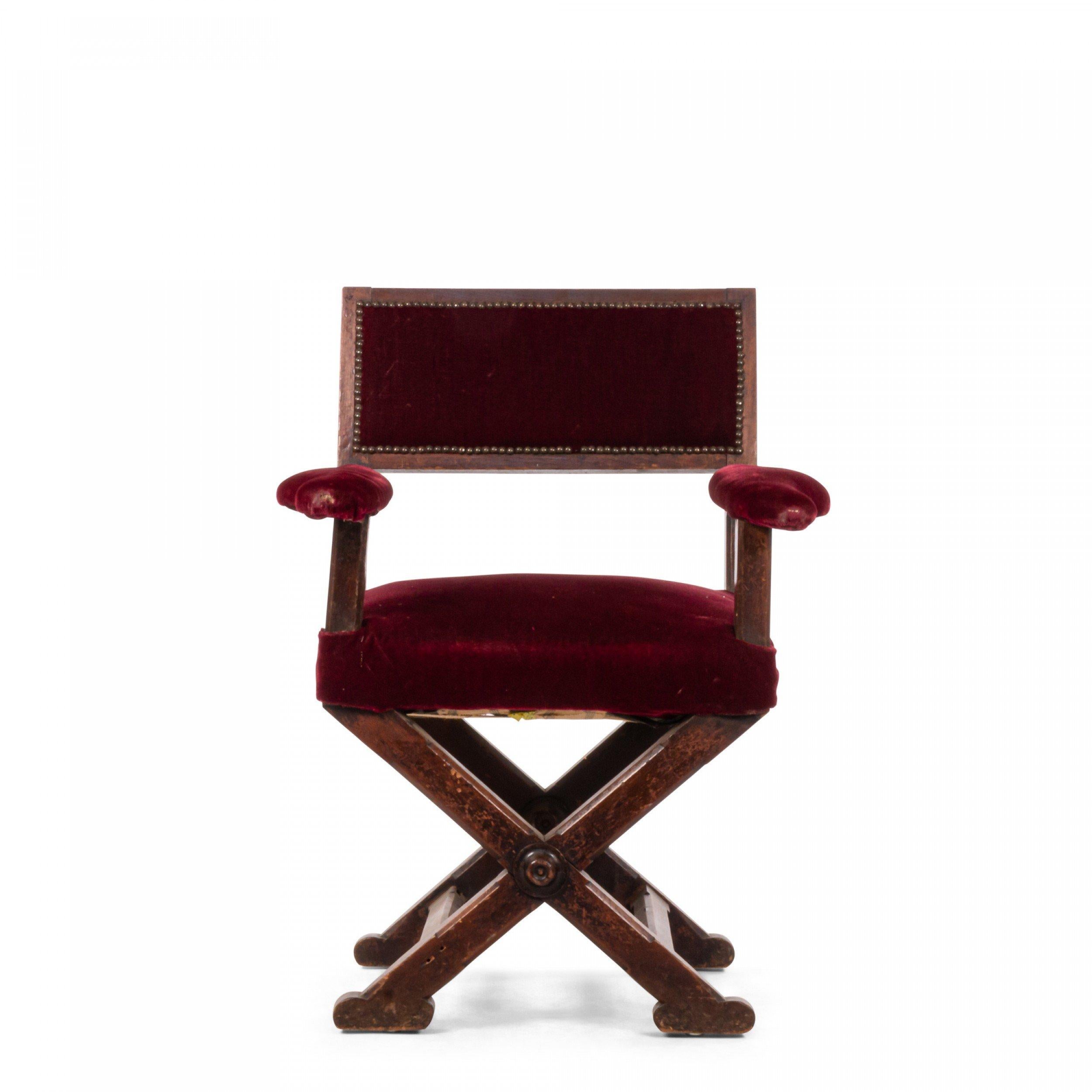 Italian Renaissance Cross Leg Walnut and Red Velvet Armchair In Good Condition In New York, NY