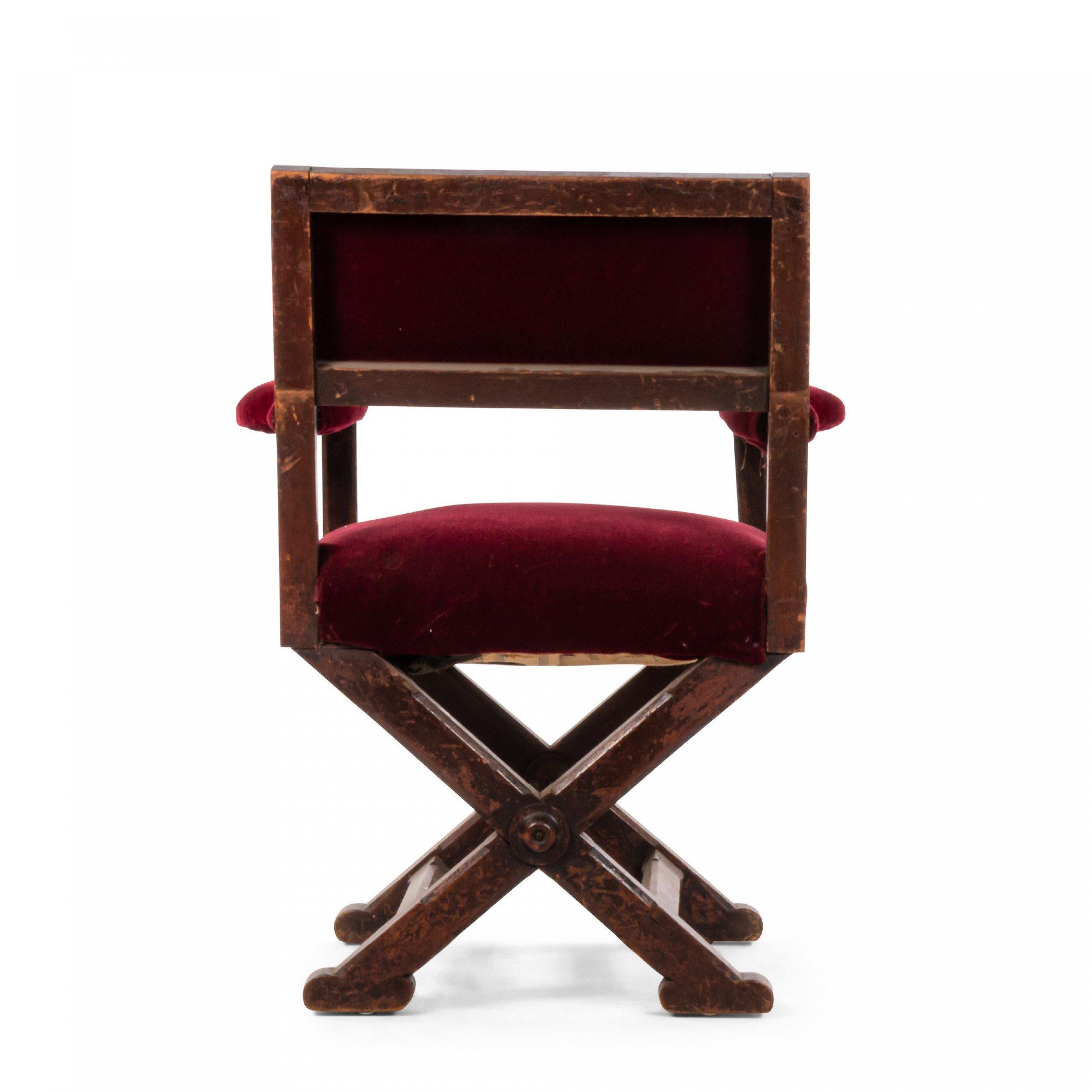 Italian Renaissance Cross Leg Walnut and Red Velvet Armchair 1